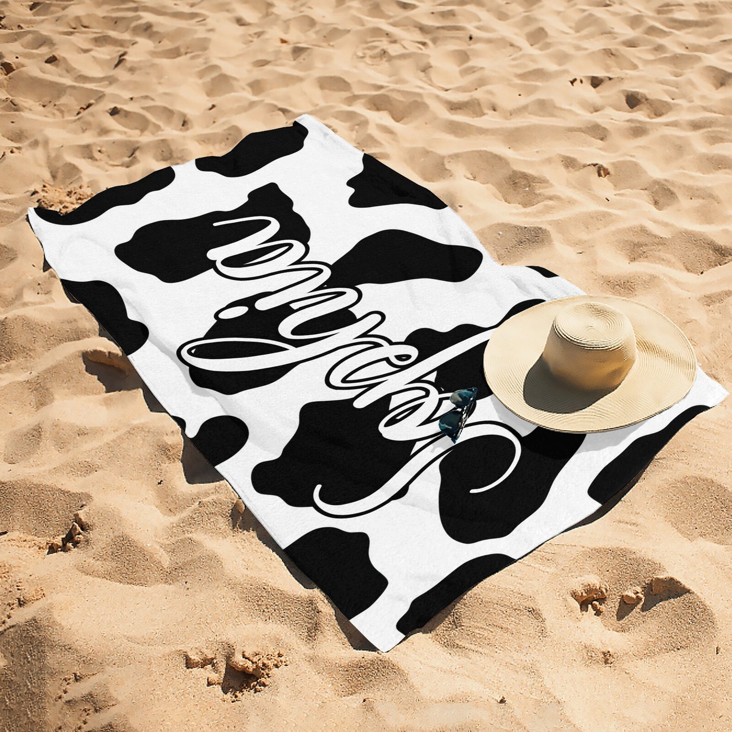Cow Print Beach Towel Custom Cotton/Poly Blend Pool Towel - Blue - Personalize with Your Name - Standard Size