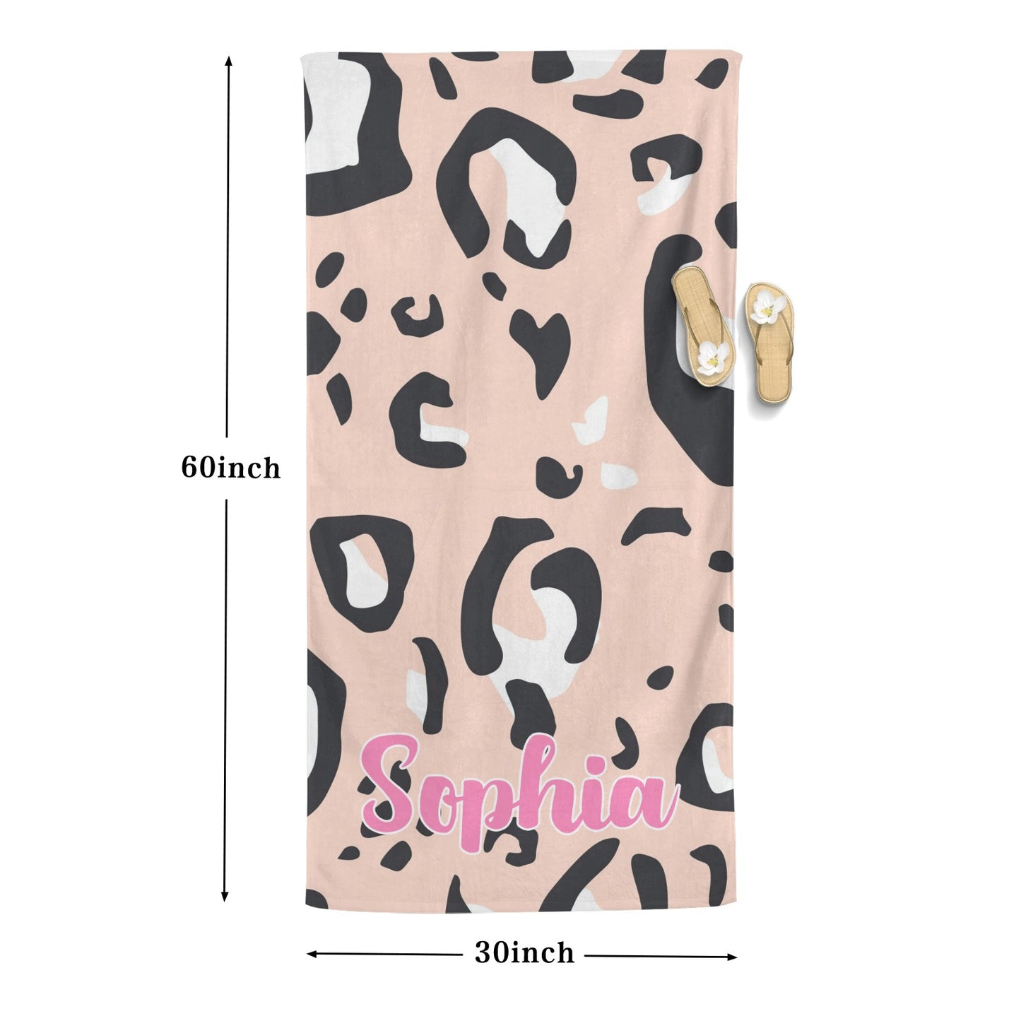 Leopard Print Pink Beach Towel Custom Cotton/Poly Blend Pool Towel - Blue - Personalize with Your Name - Standard Size