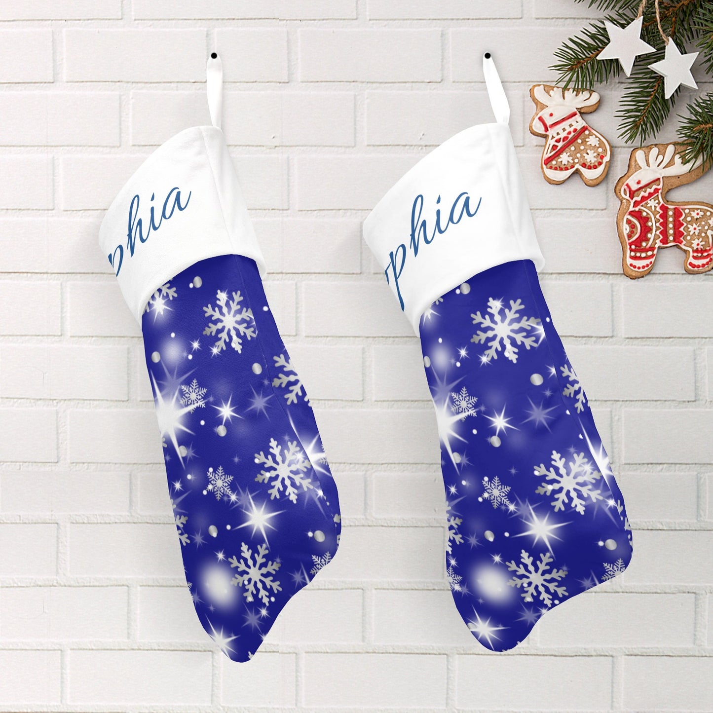 Snow flake blue Christmas Stocking Custom Name Santa Socks Gift