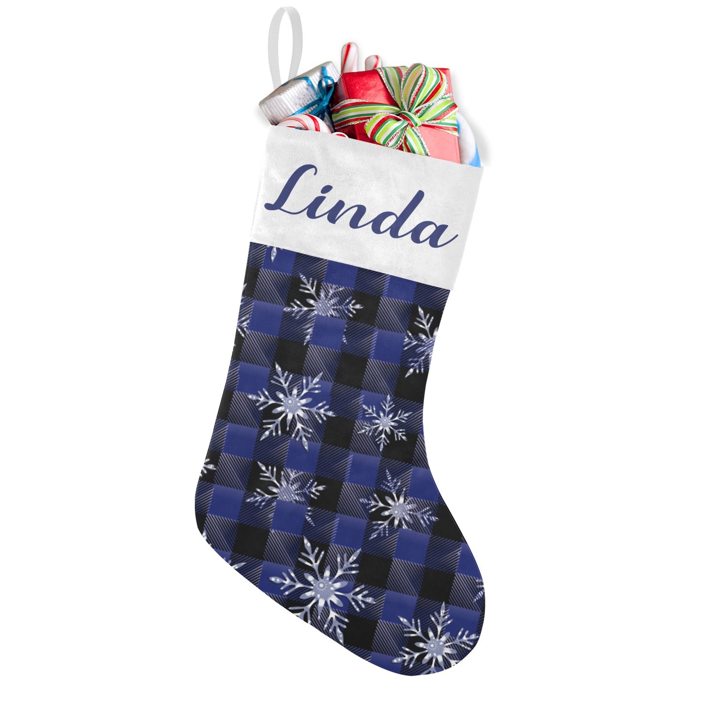 Blue Plaid Snowflakes Christmas Stocking Custom Name Christmas Socks Gift