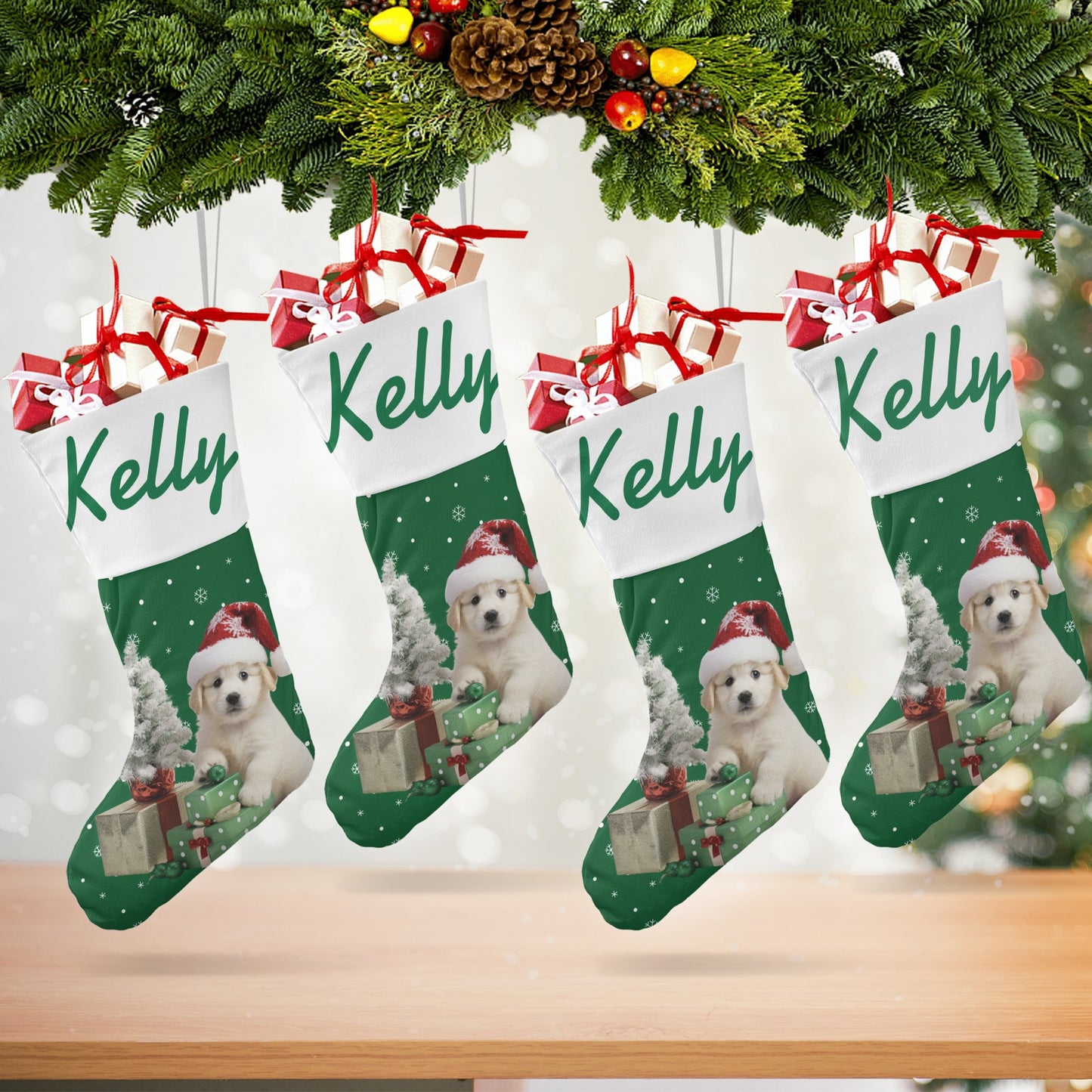 Green Dog Christmas Stocking Custom Name Santa Socks Gift