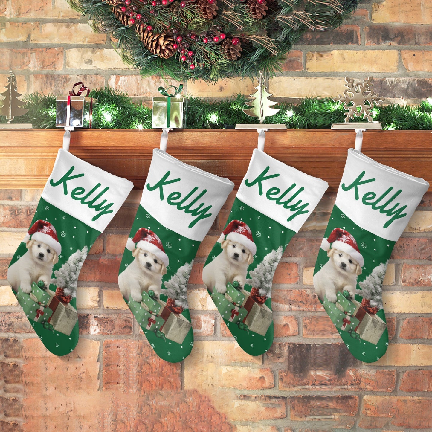 Green Dog Christmas Stocking Custom Name Santa Socks Gift