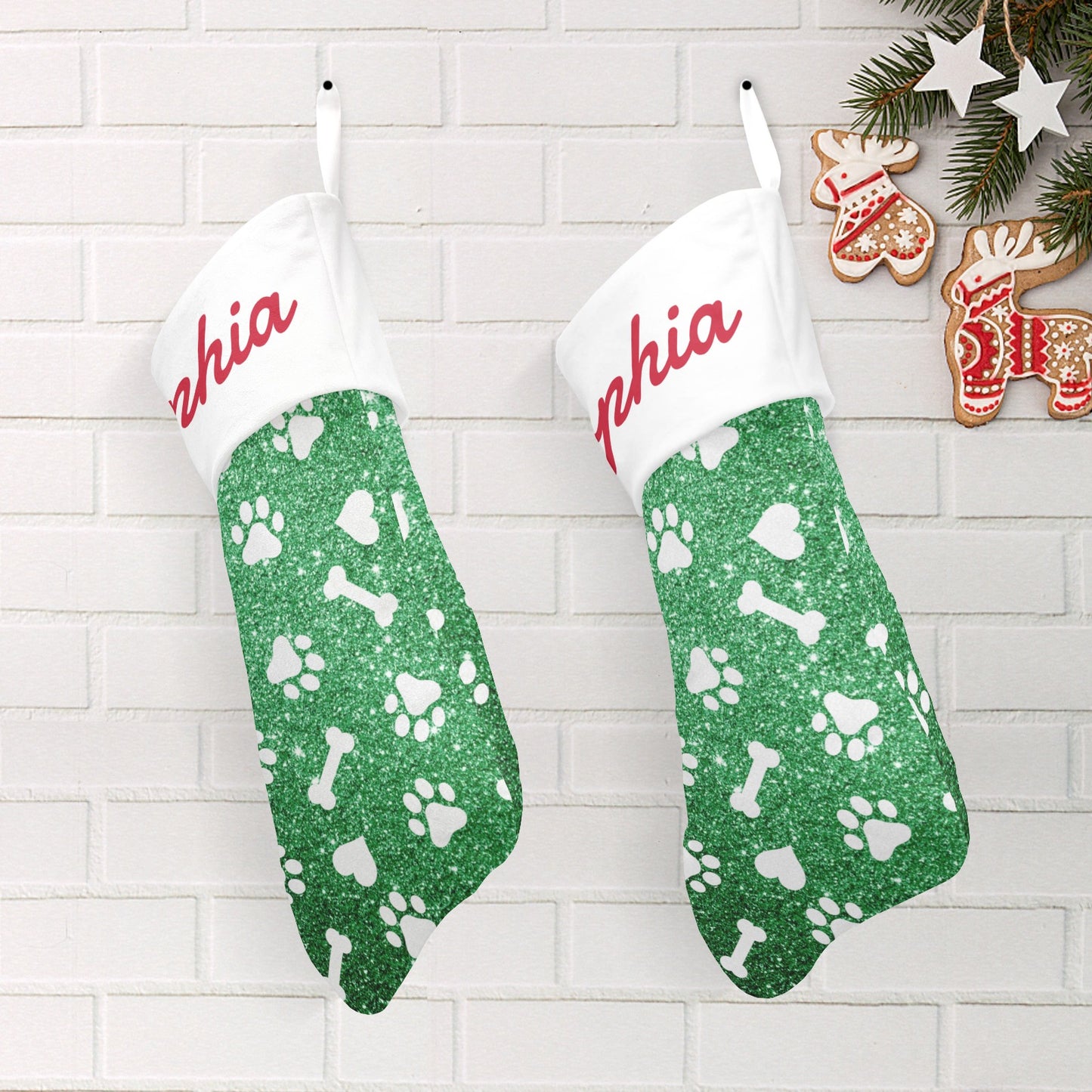 Dog Claw Green Christmas Stocking Custom Name Santa Socks Gift