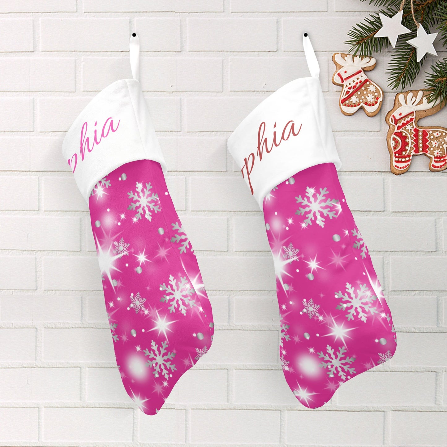 Snow flake pink Christmas Stocking Custom Name Santa Socks Gift