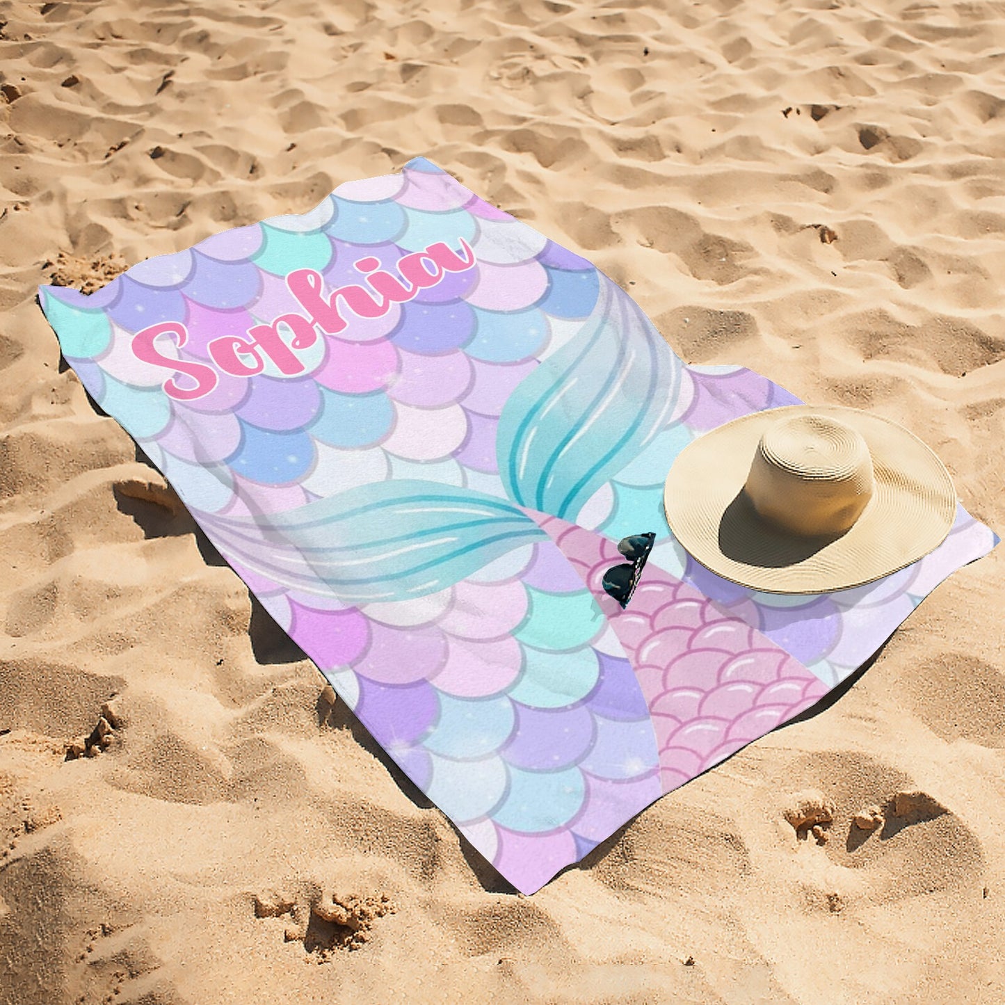 Mermaid Tail Beach Towel Custom Cotton/Poly Blend Pool Towel - Blue - Personalize with Your Name - Standard Size