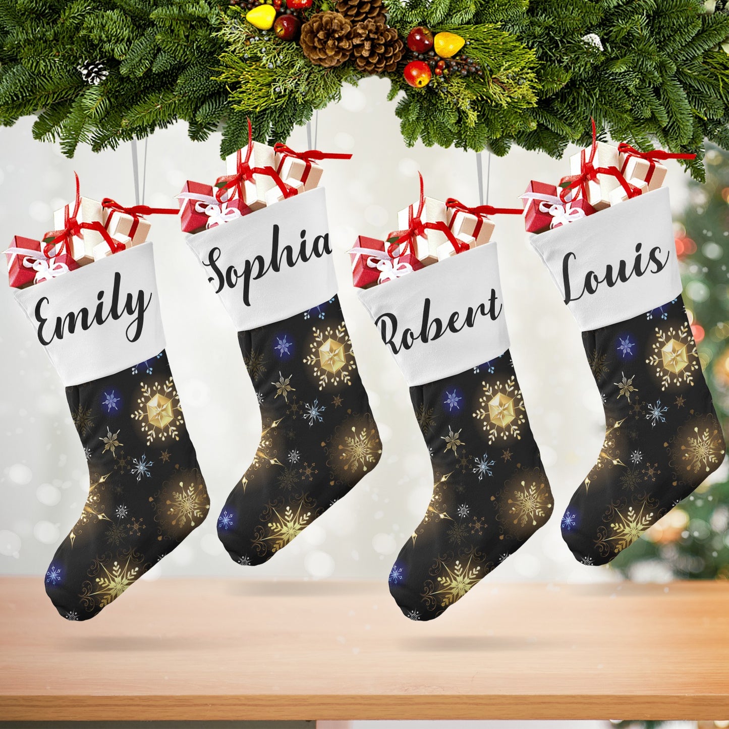 Snowflakes Black Christmas Stocking Custom Name Christmas Socks Gift
