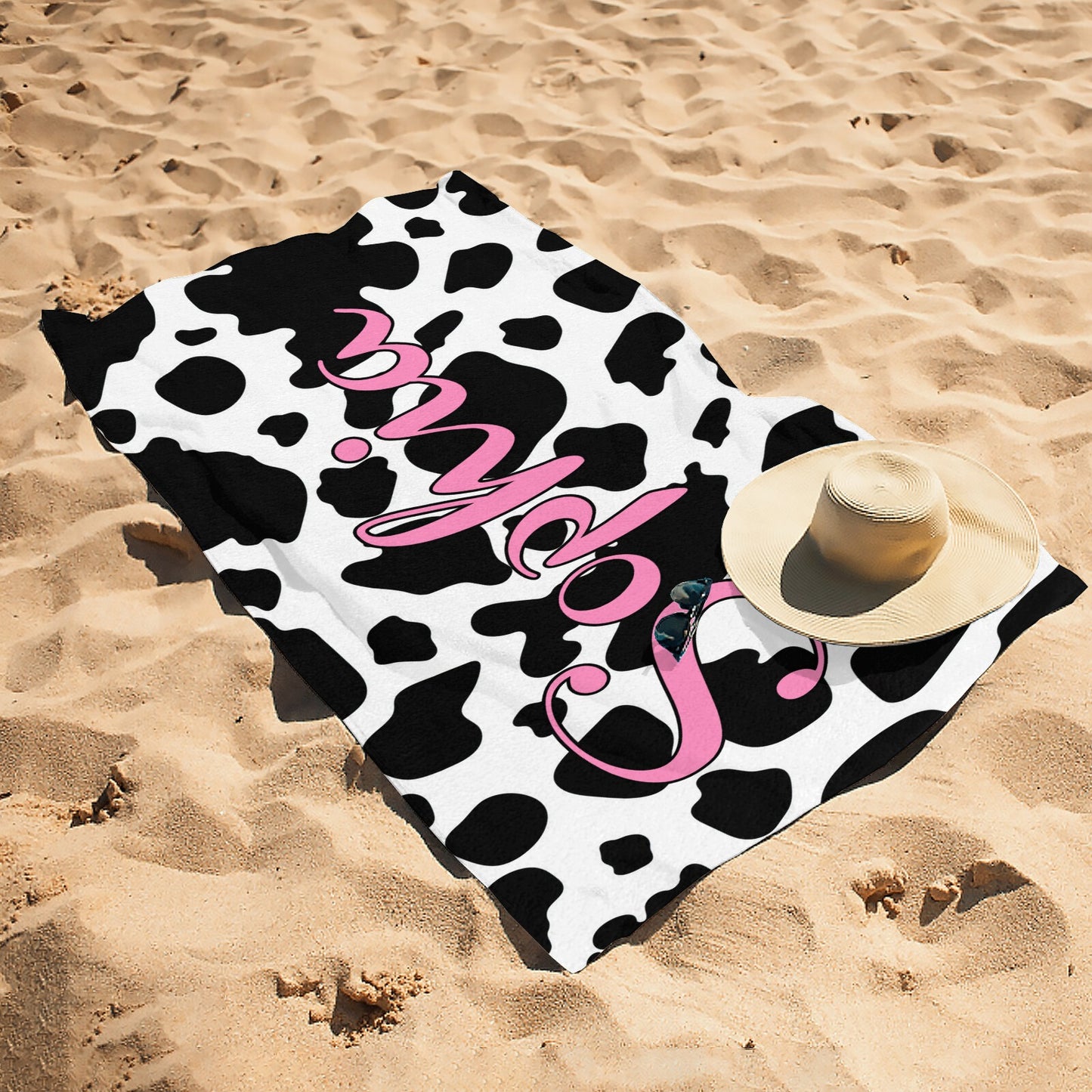 Cow Print Beach Towel Custom Cotton/Poly Blend Pool Towel - Blue - Personalize with Your Name - Standard Size