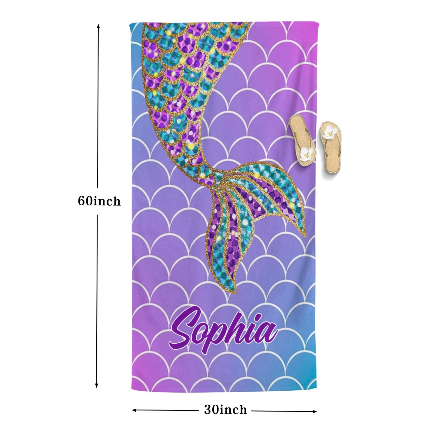 Purple Mermaid Tail Beach Towel Custom Cotton/Poly Blend Pool Towel - Blue - Personalize with Your Name - Standard Size
