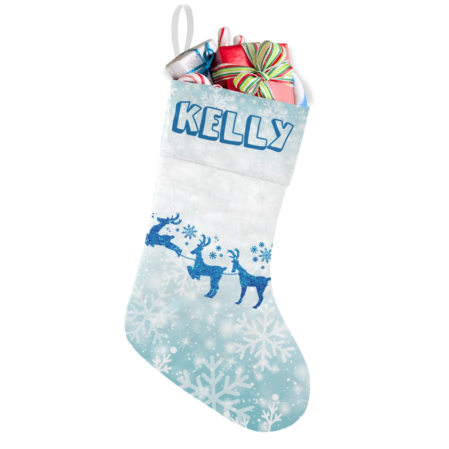 Blue Snowflake Reindeer Christmas Stocking Custom Name Santa Socks Gift