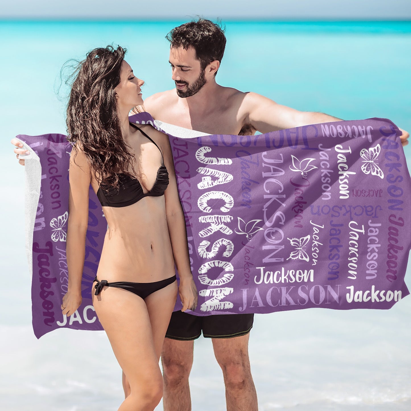Purple Beach Towel Custom Cotton/Poly Blend Pool Towel - Blue - Personalize with Your Name - Standard Size