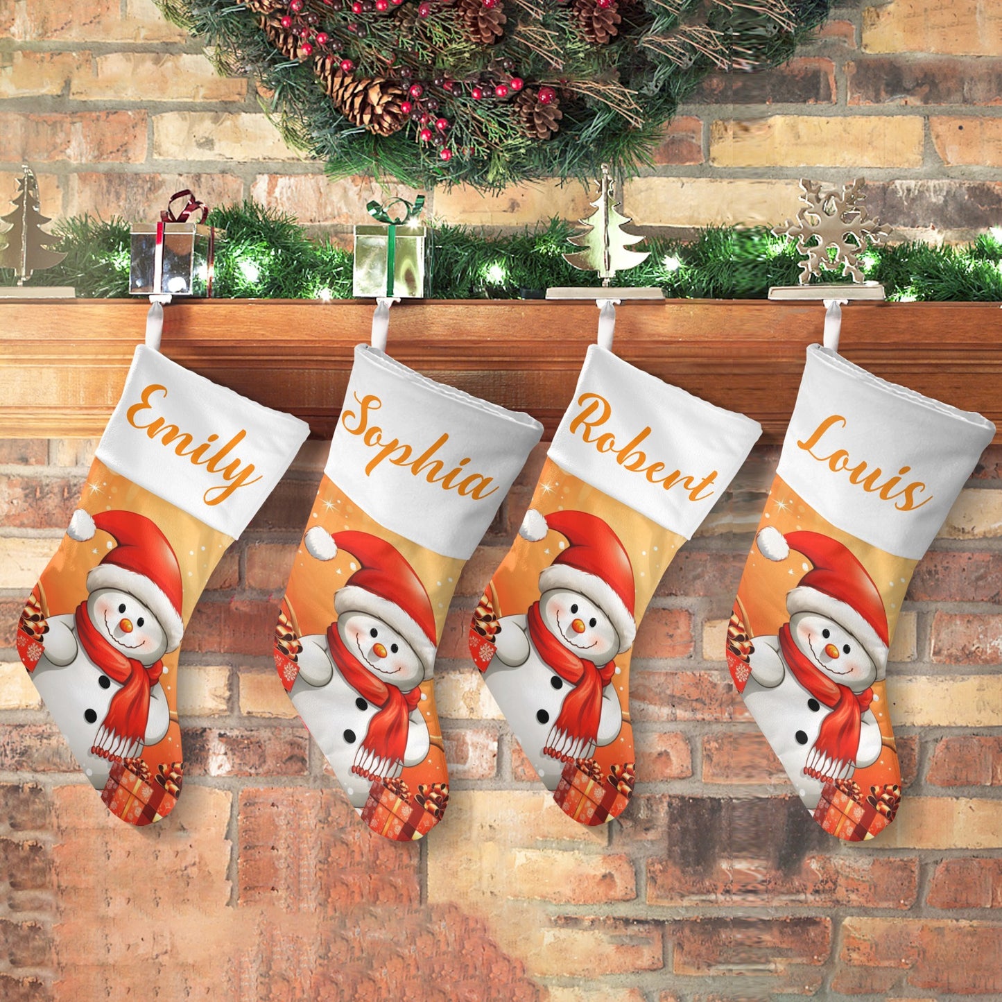 Snowman Orange Christmas Stocking Custom Name Christmas Socks Gift