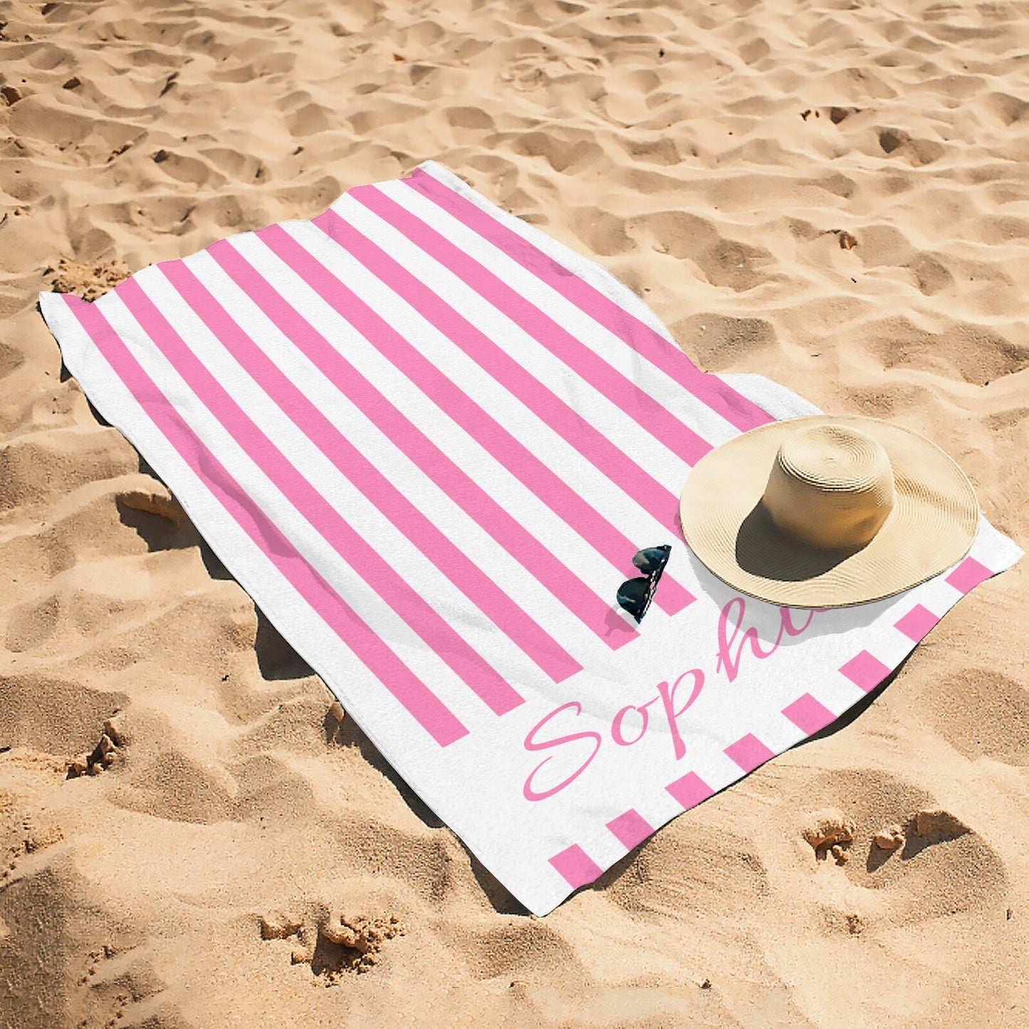 Pink Stripe Beach Towel Custom Cotton/Poly Blend Pool Towel - Blue - Personalize with Your Name - Standard Size
