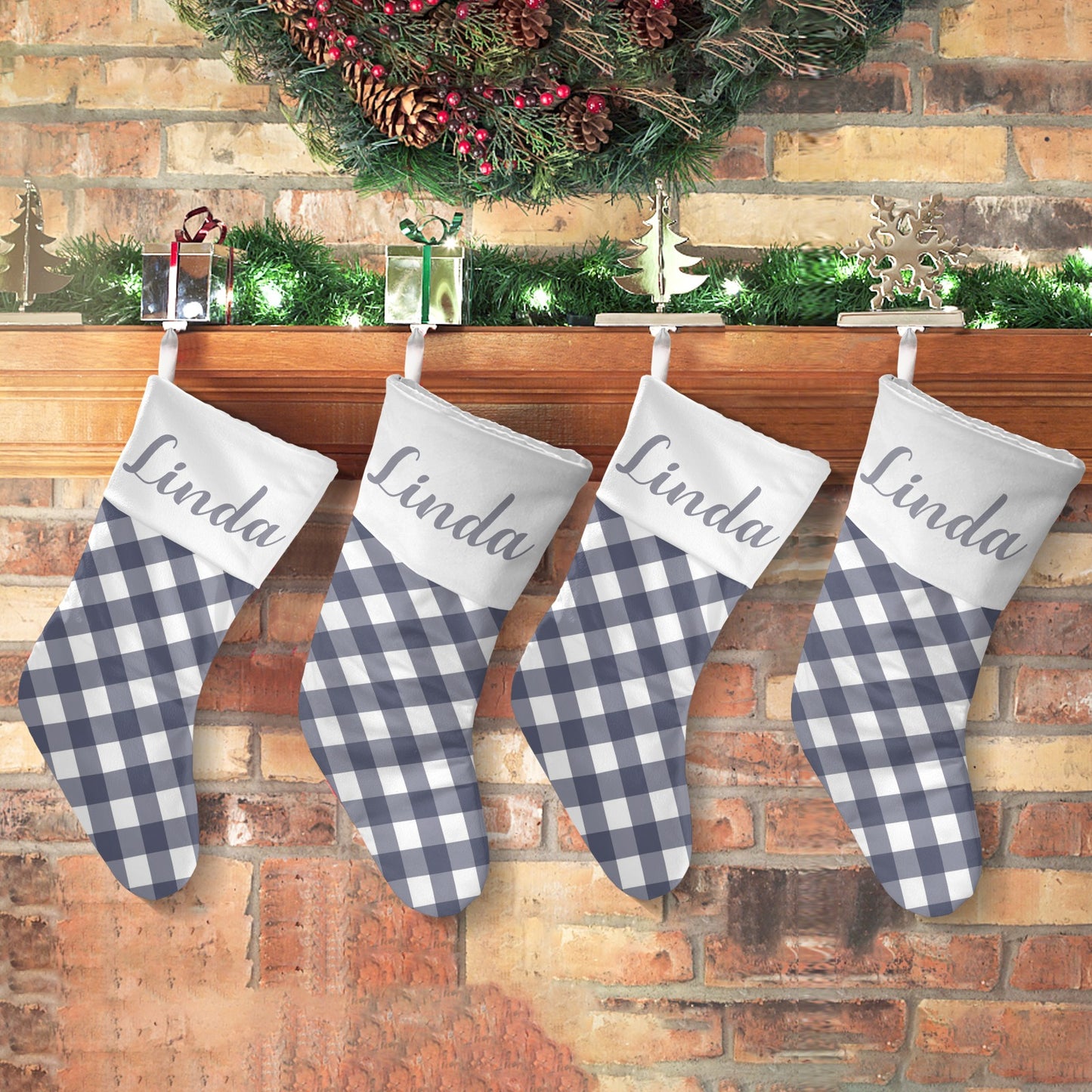Grey Buffalo Plaid Christmas Stocking Custom Name Christmas Socks Gift