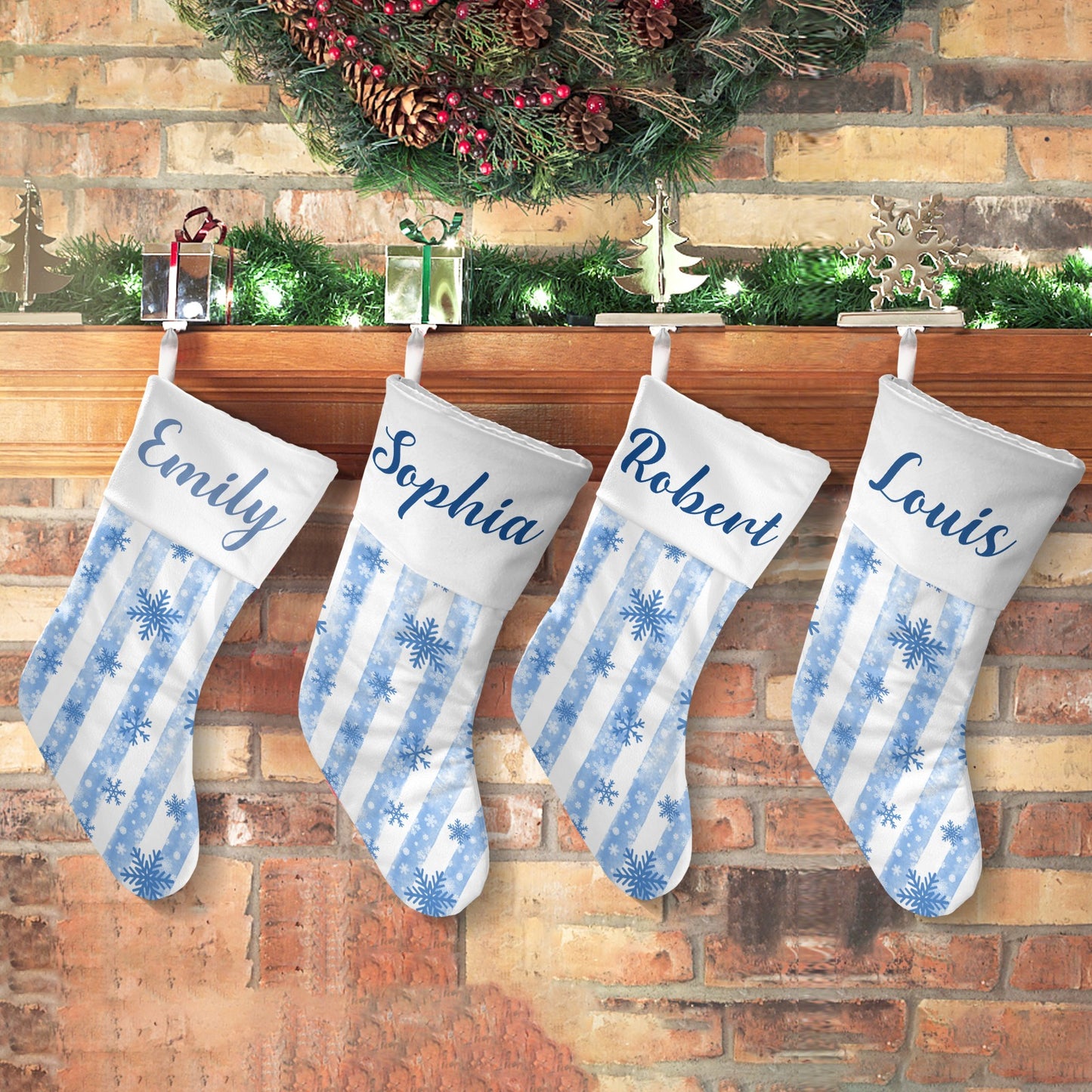 Snowflakes Stripes Christmas Stocking Custom Name Christmas Socks Gift