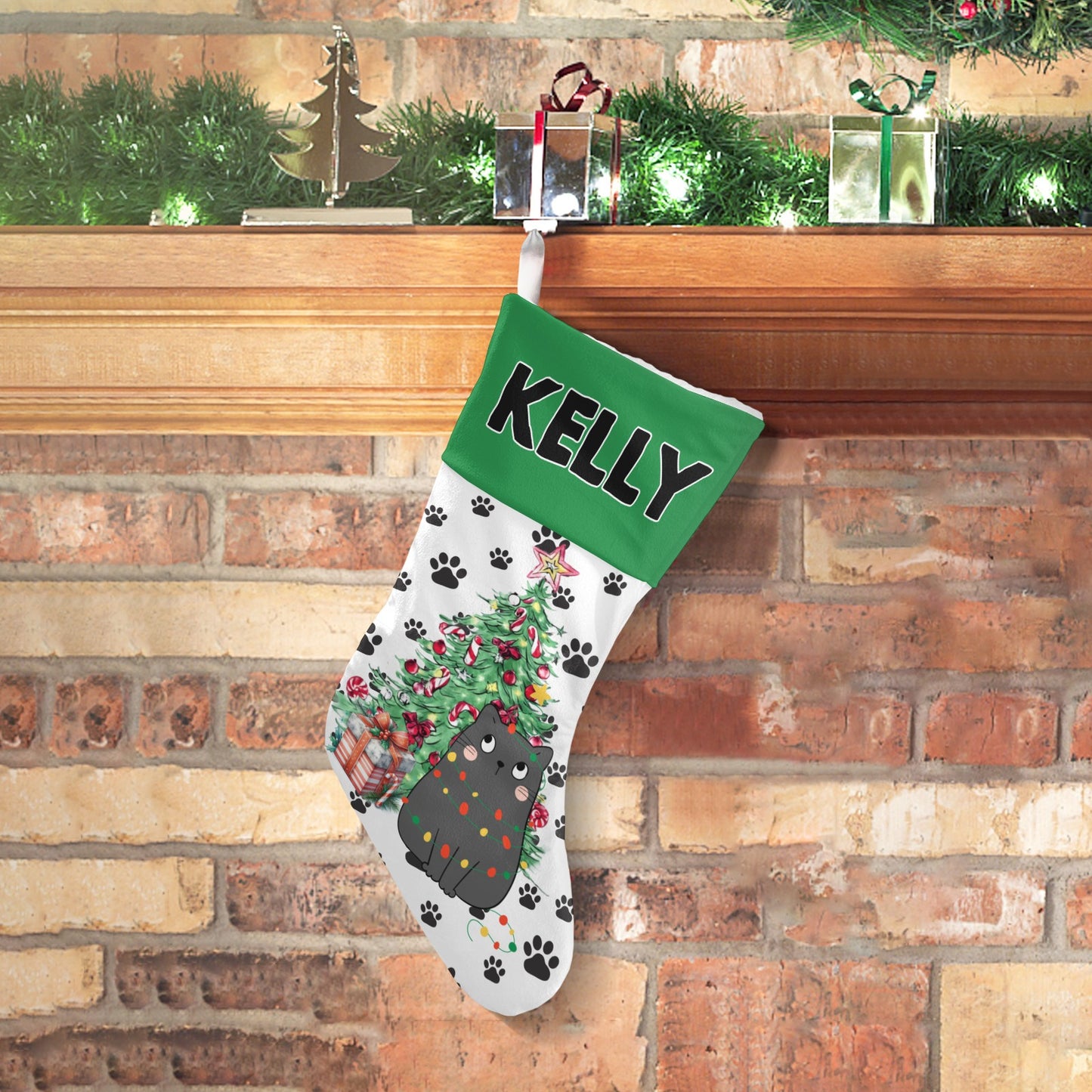 Black Cat Christmas Stocking Custom Name Santa Socks Gift