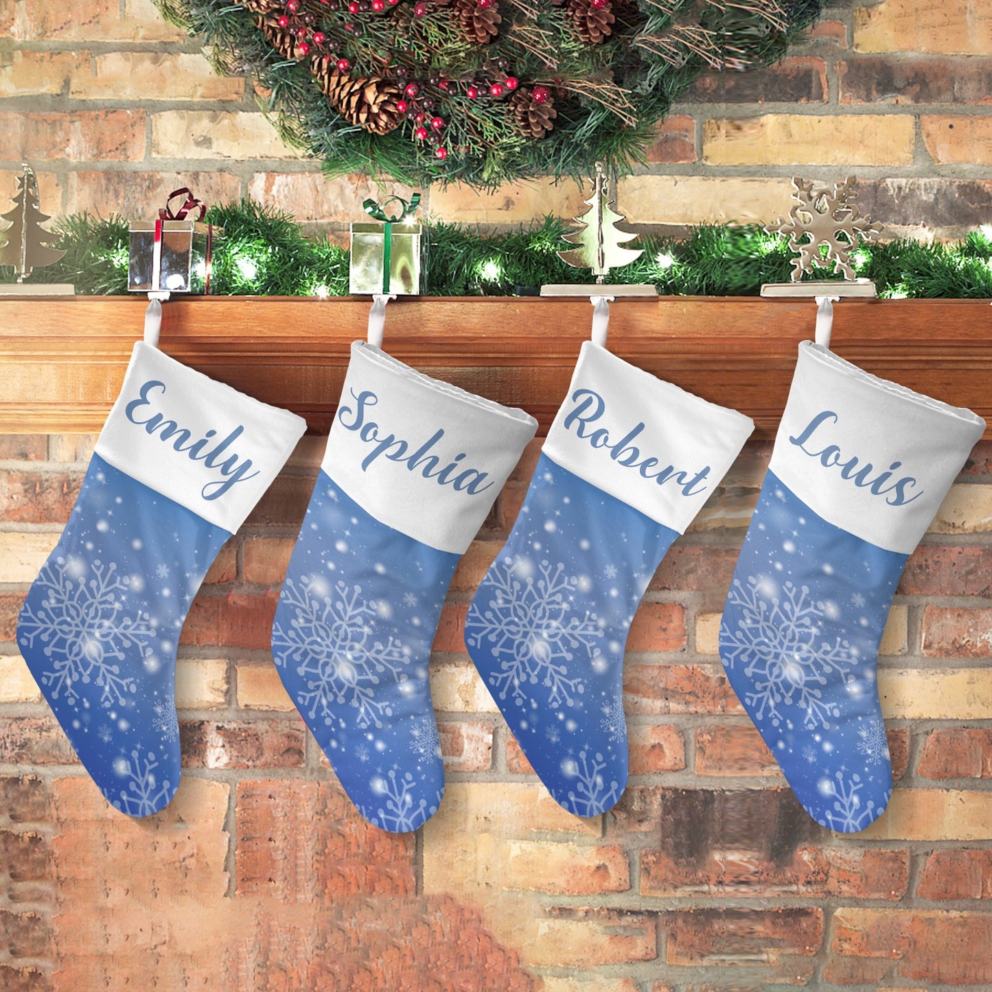 Snowflakes Blue Christmas Stocking Custom Name Christmas Socks Gift