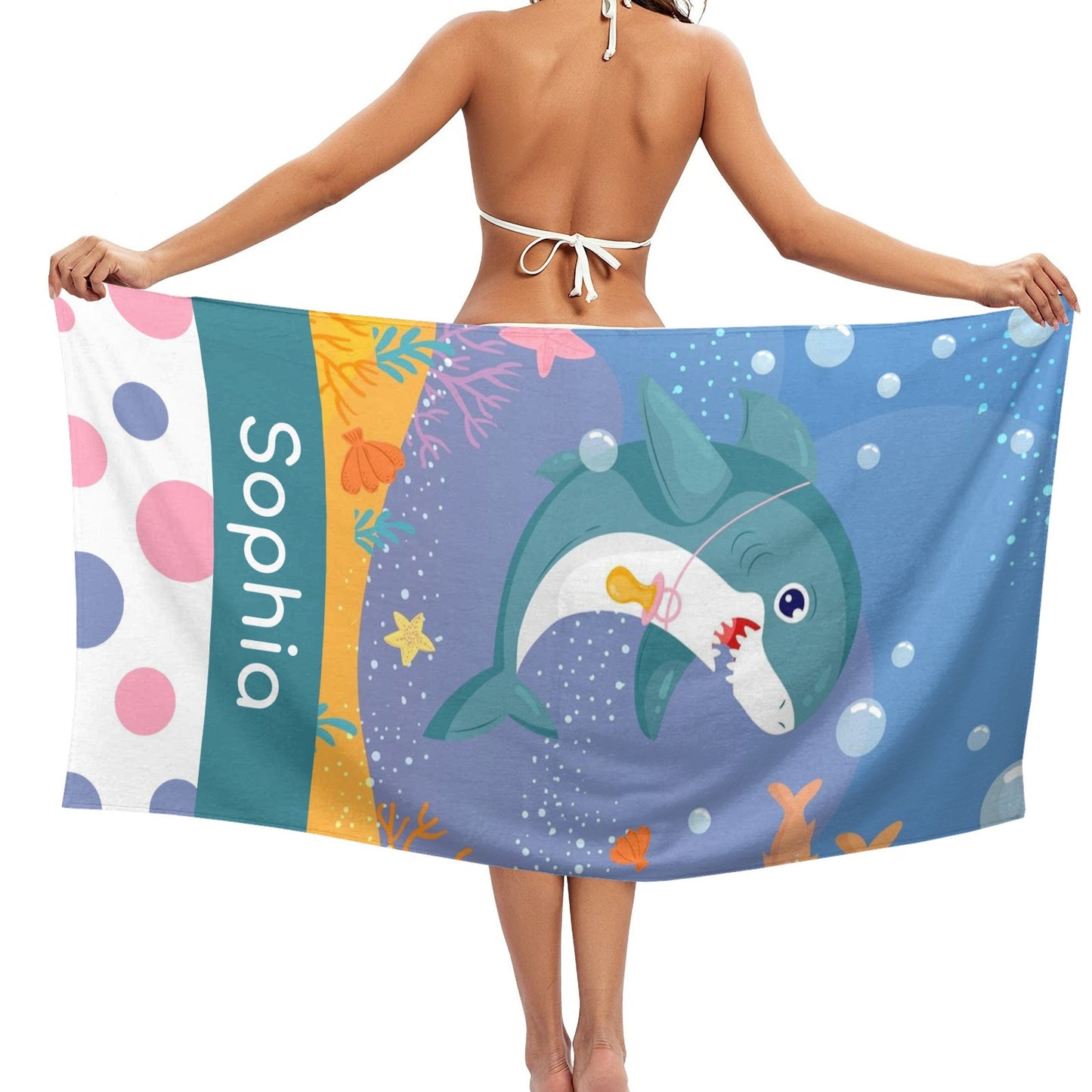 Cute Shark Beach Towel Custom Cotton/Poly Blend Pool Towel - Blue - Personalize with Your Name - Standard Size