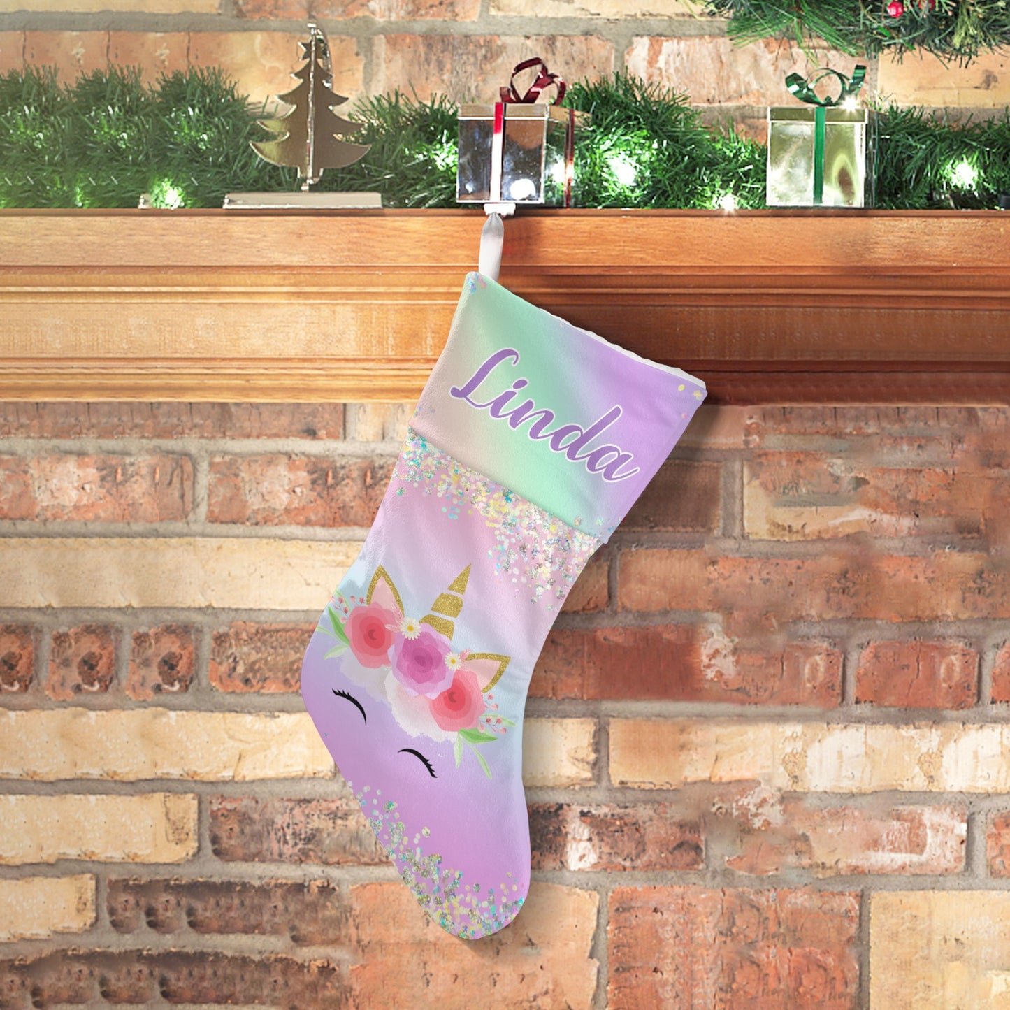 Unicorn Pink Christmas Stocking Custom Name Christmas Socks Gift