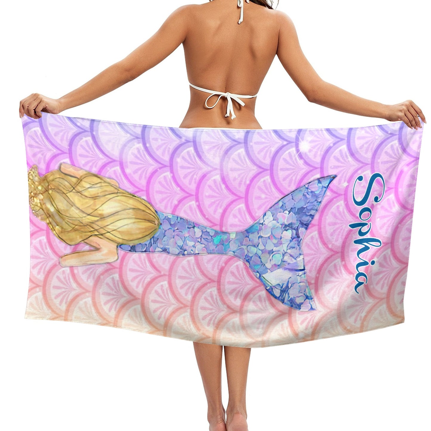 Mermaid Pink Beach Towel Custom Cotton/Poly Blend Pool Towel - Blue - Personalize with Your Name - Standard Size