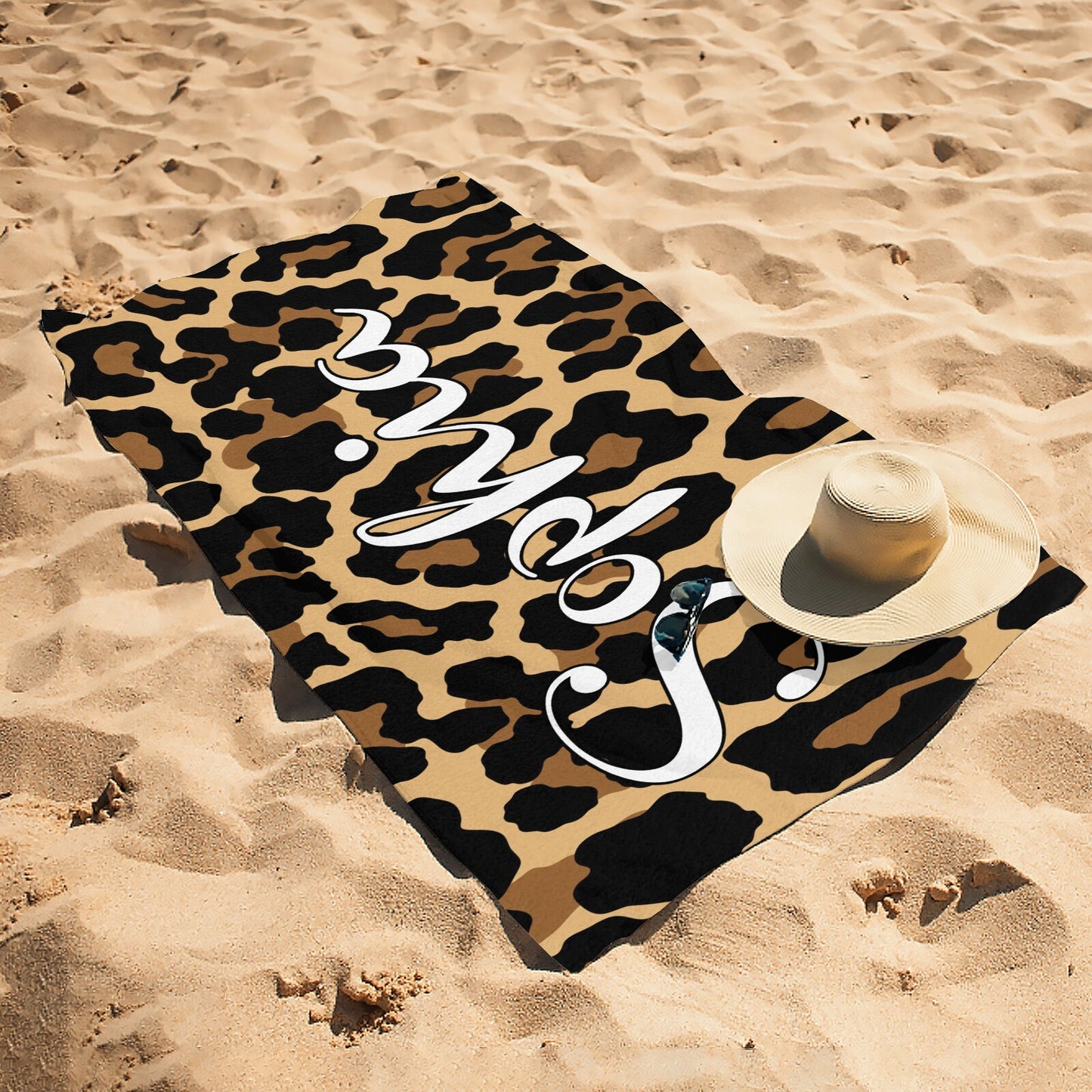 Leopard Print Beach Towel Custom Cotton/Poly Blend Pool Towel - Blue - Personalize with Your Name - Standard Size