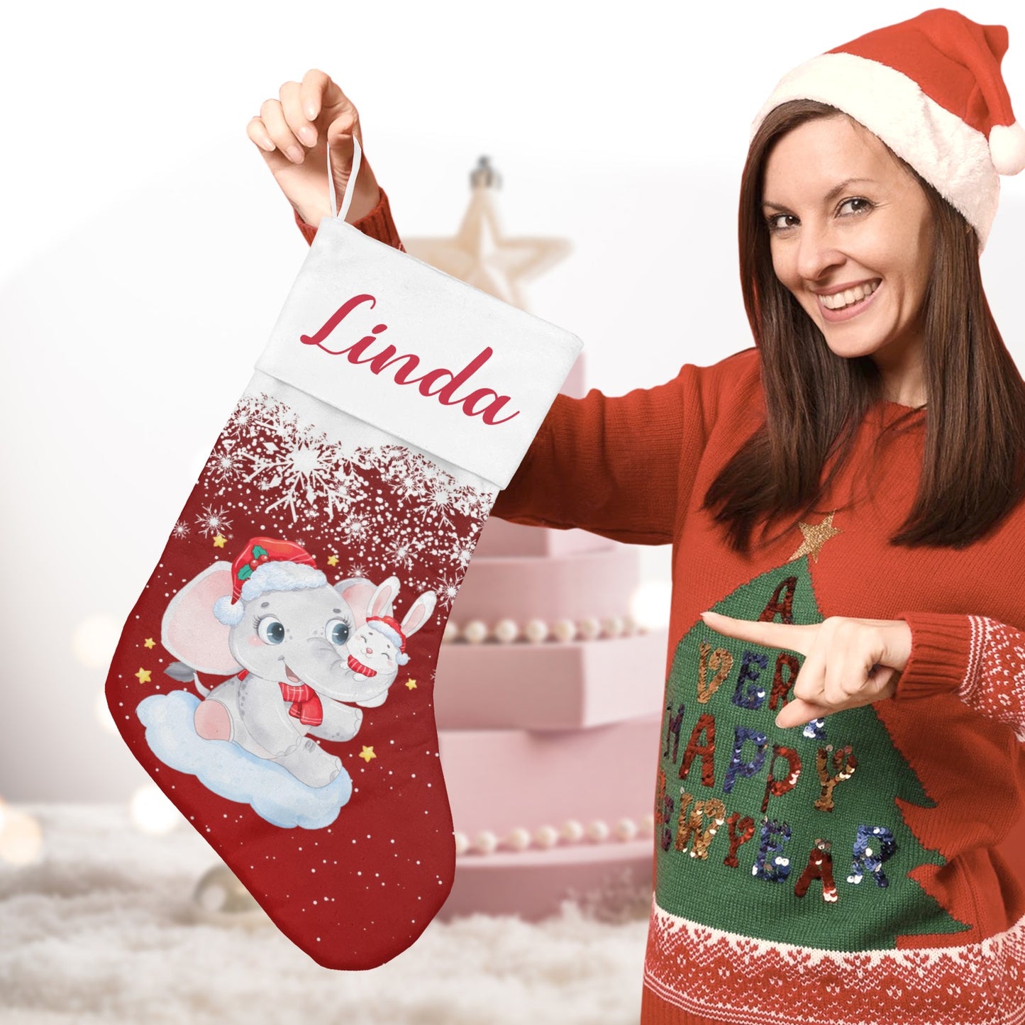 Red Christmas Elephant Christmas Stocking Custom Name Christmas Socks Gift