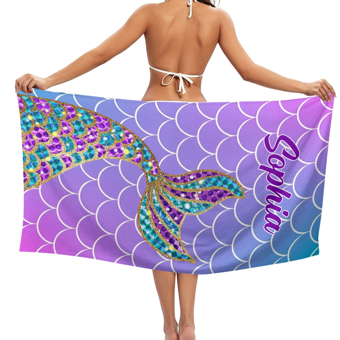 Purple Mermaid Tail Beach Towel Custom Cotton/Poly Blend Pool Towel - Blue - Personalize with Your Name - Standard Size