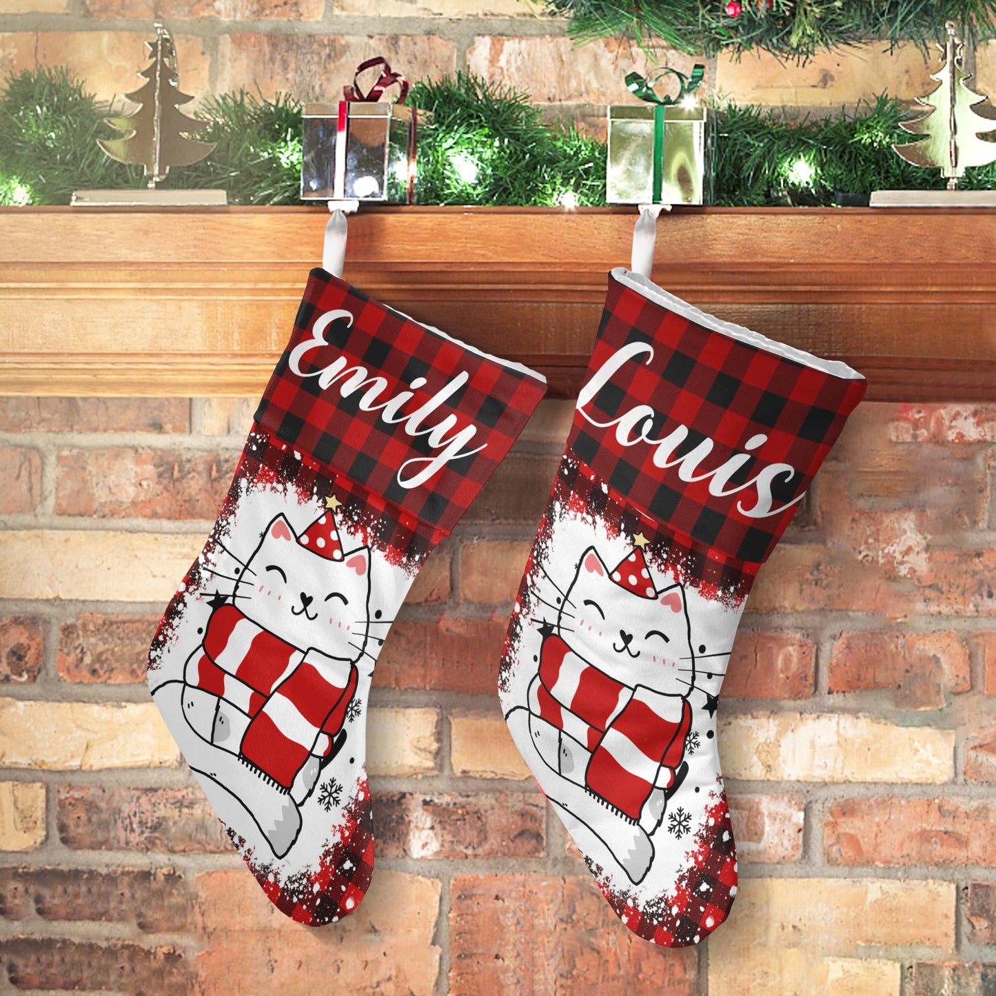 Buffalo Plaid Cat Christmas Stocking Custom Name Christmas Socks Gift