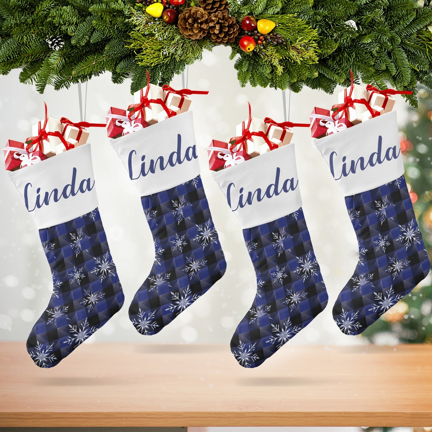 Blue Plaid Snowflakes Christmas Stocking Custom Name Christmas Socks Gift