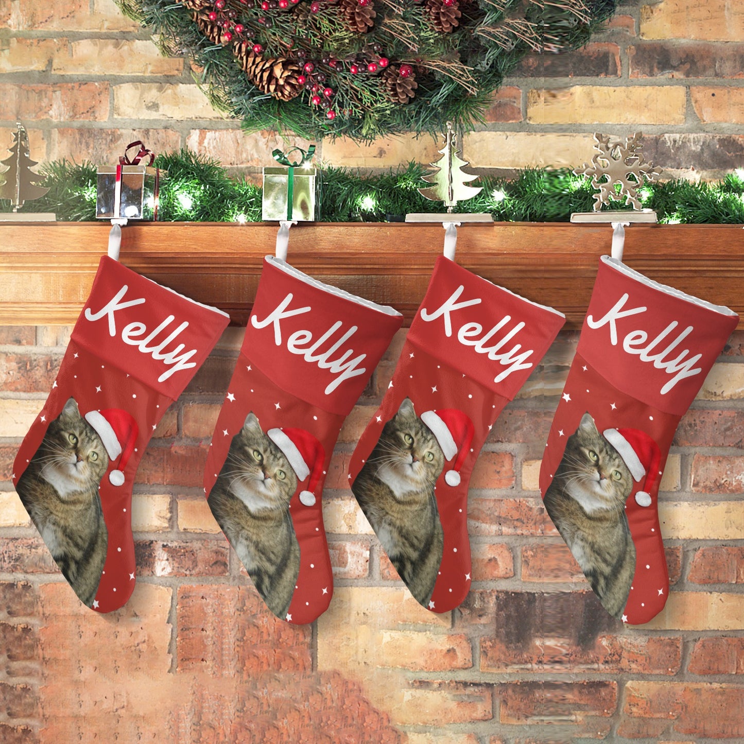 Cat Red Christmas Stocking Custom Name Santa Socks Gift
