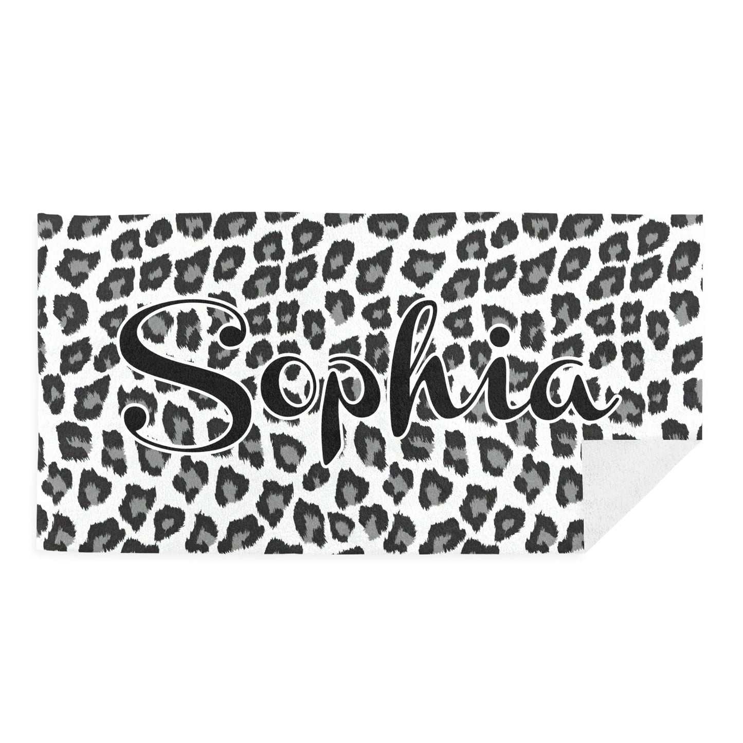 Leopard Print Grey Beach Towel Custom Cotton/Poly Blend Pool Towel - Blue - Personalize with Your Name - Standard Size