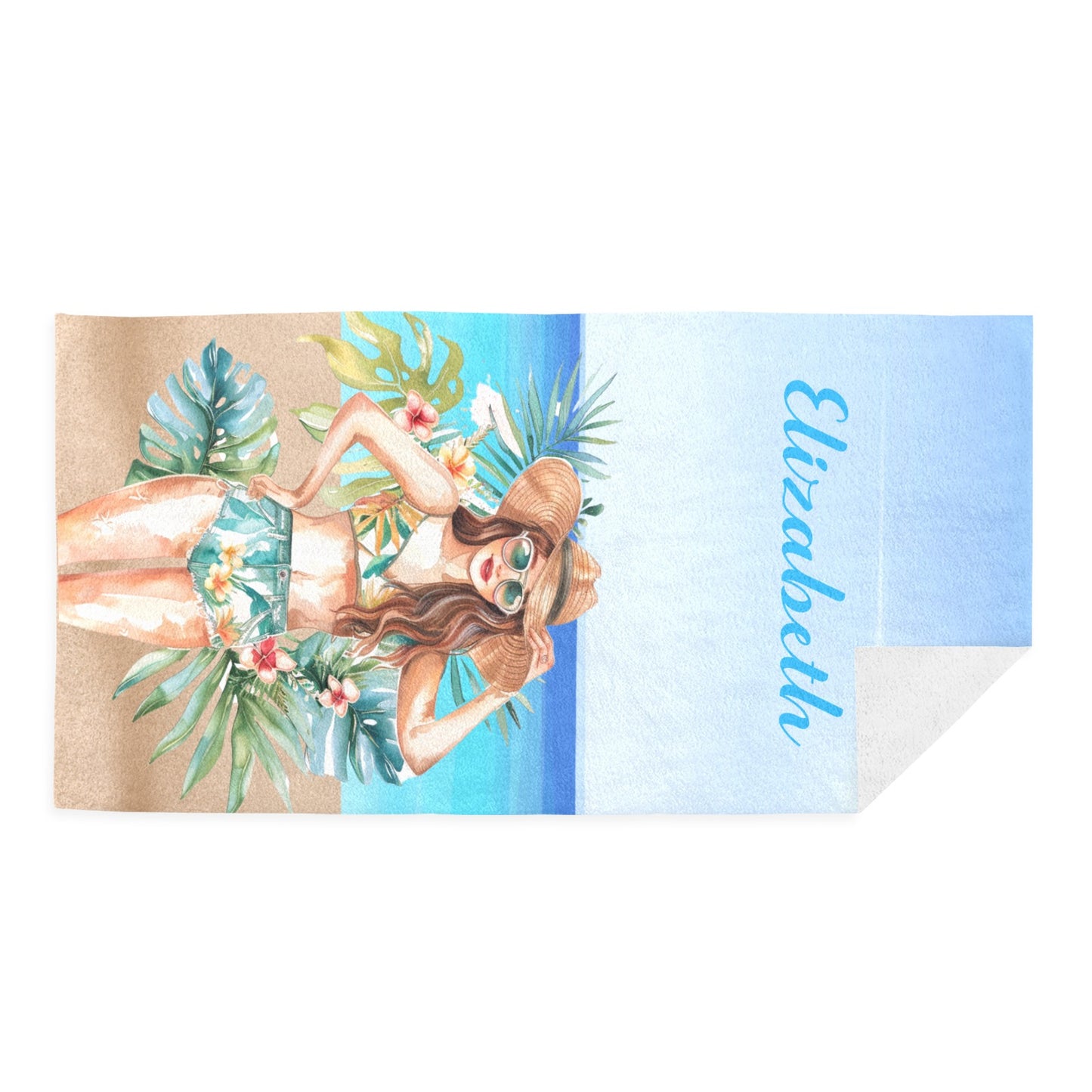Beach Girl Beach Towel Custom Cotton/Poly Blend Pool Towel - Blue - Personalize with Your Name - Standard Size