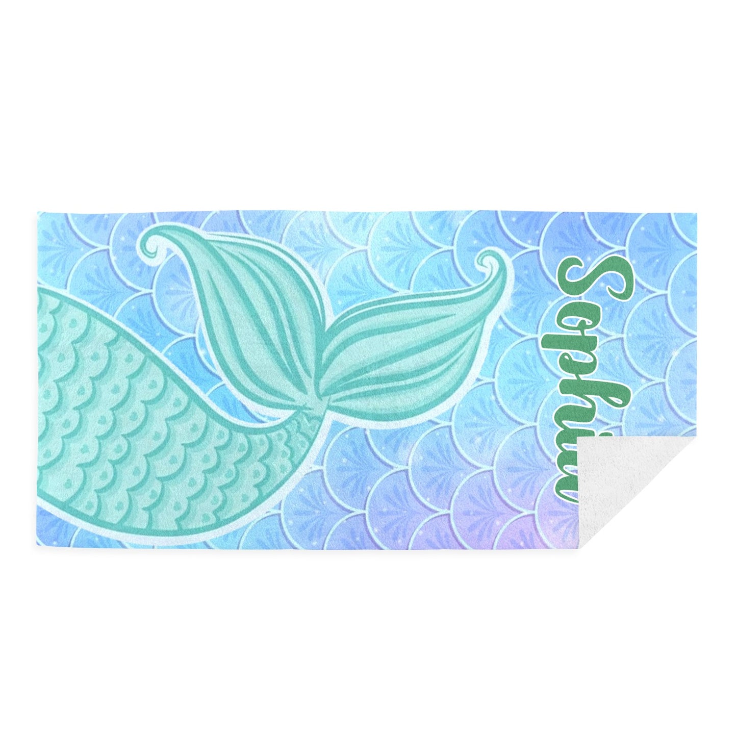 Mermaid Tail Green Beach Towel Custom Cotton/Poly Blend Pool Towel - Blue - Personalize with Your Name - Standard Size