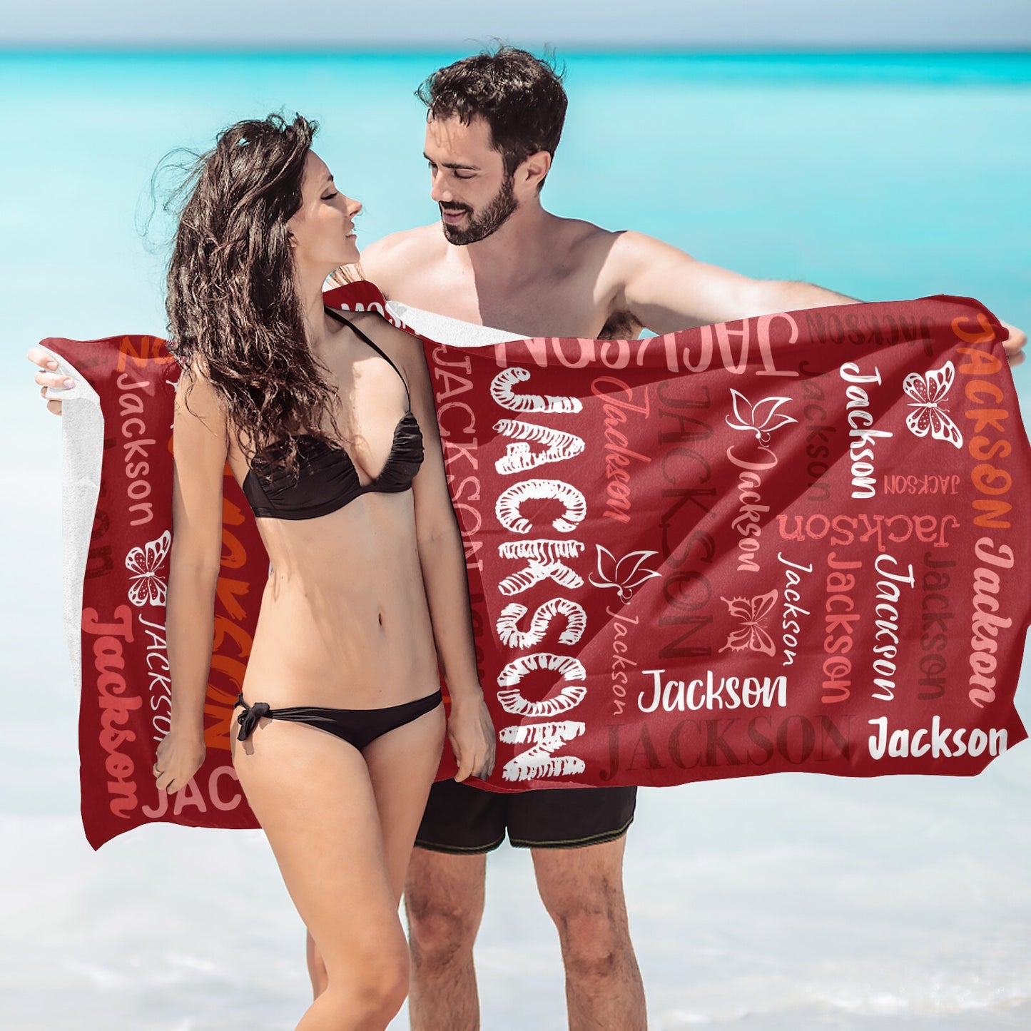 Red Beach Towel Custom Cotton/Poly Blend Pool Towel - Blue - Personalize with Your Name - Standard Size