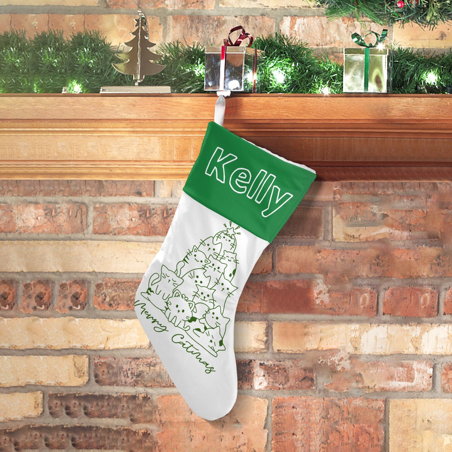Green Cat Tree Christmas Stocking Custom Name Santa Socks Gift