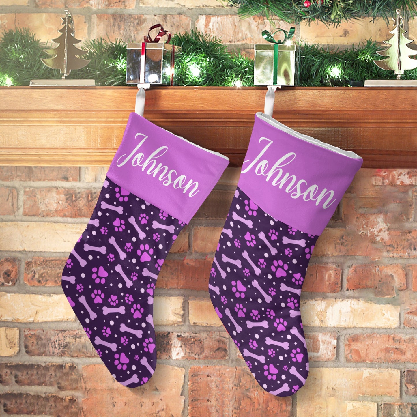 Dog Paw Purple Christmas Stocking Custom Name Christmas Socks Gift