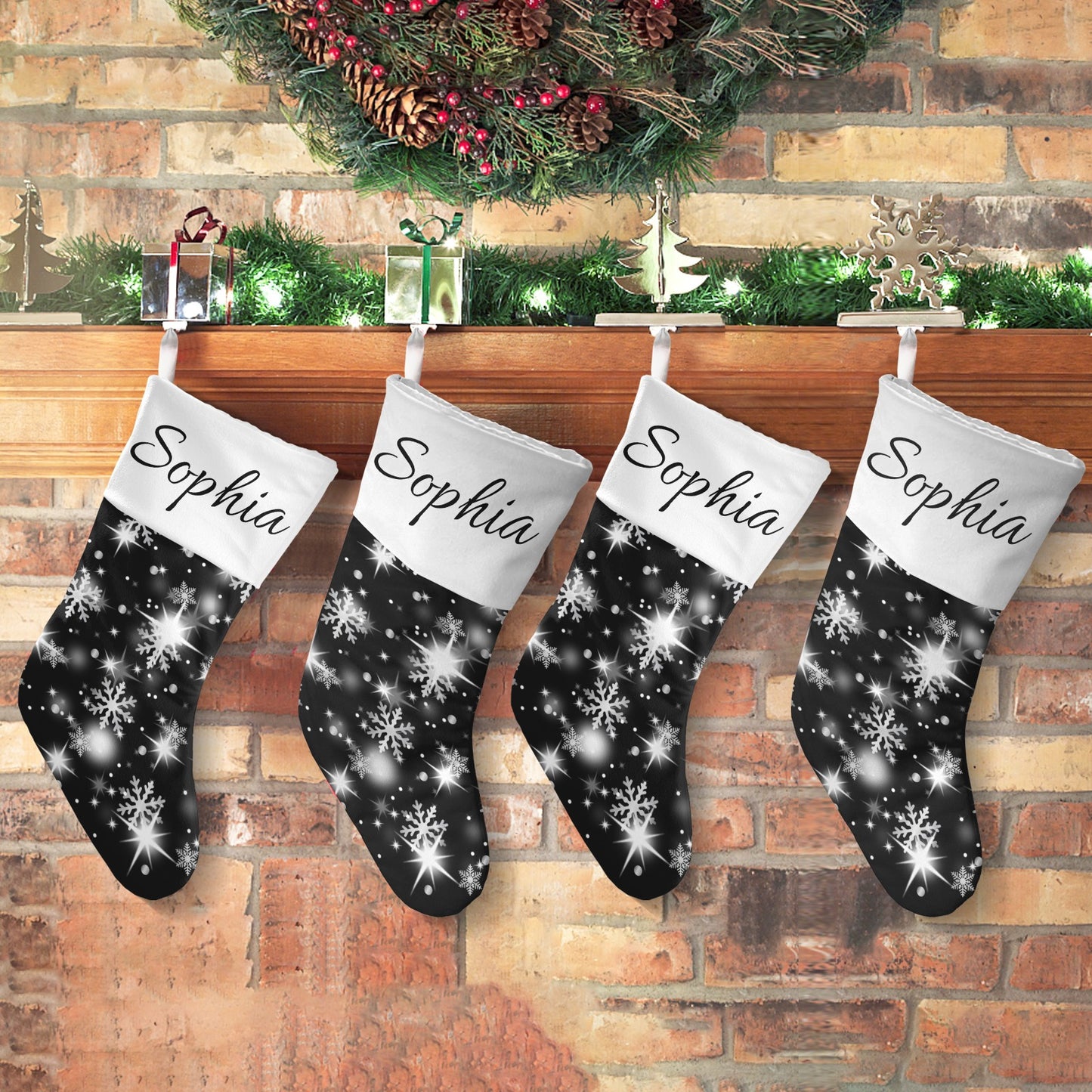 Snow flake black Christmas Stocking Custom Name Santa Socks Gift
