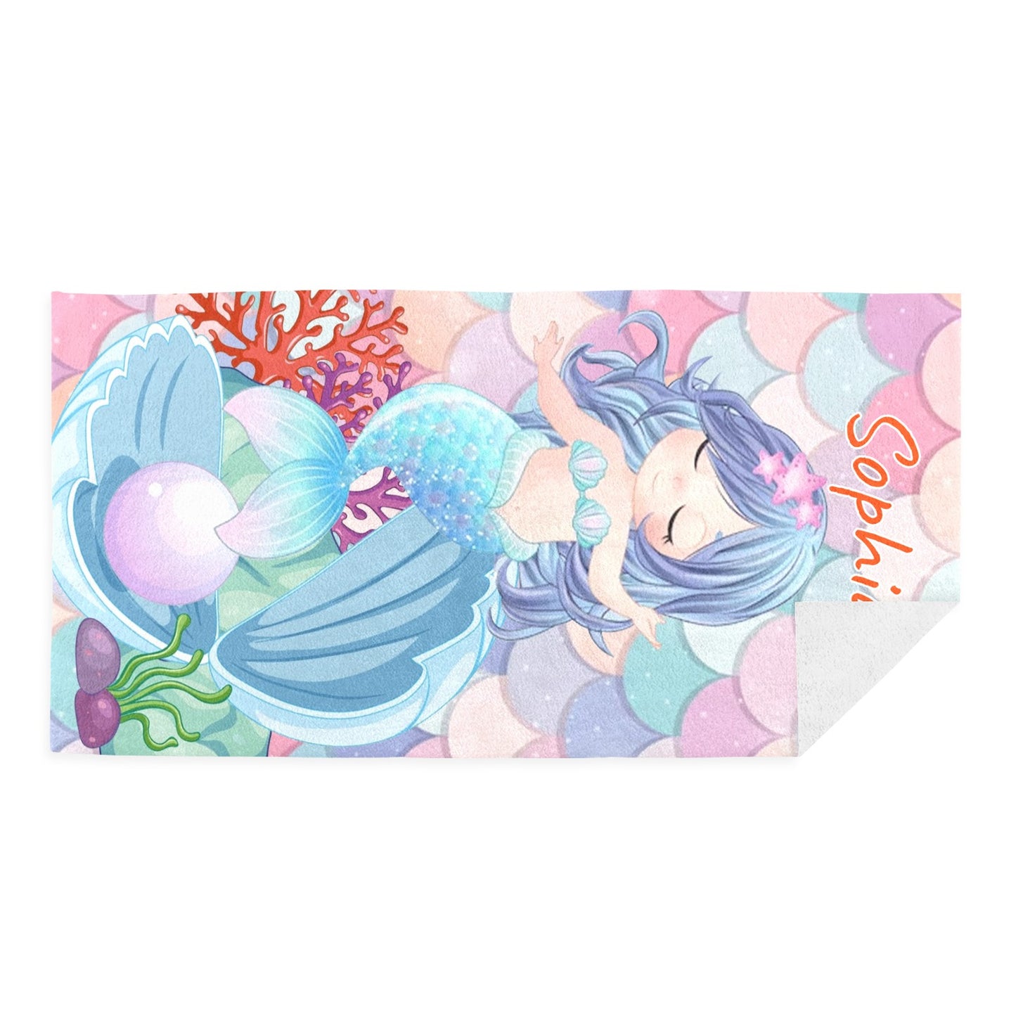 Cute Mermaid Beach Towel Custom Cotton/Poly Blend Pool Towel - Blue - Personalize with Your Name - Standard Size