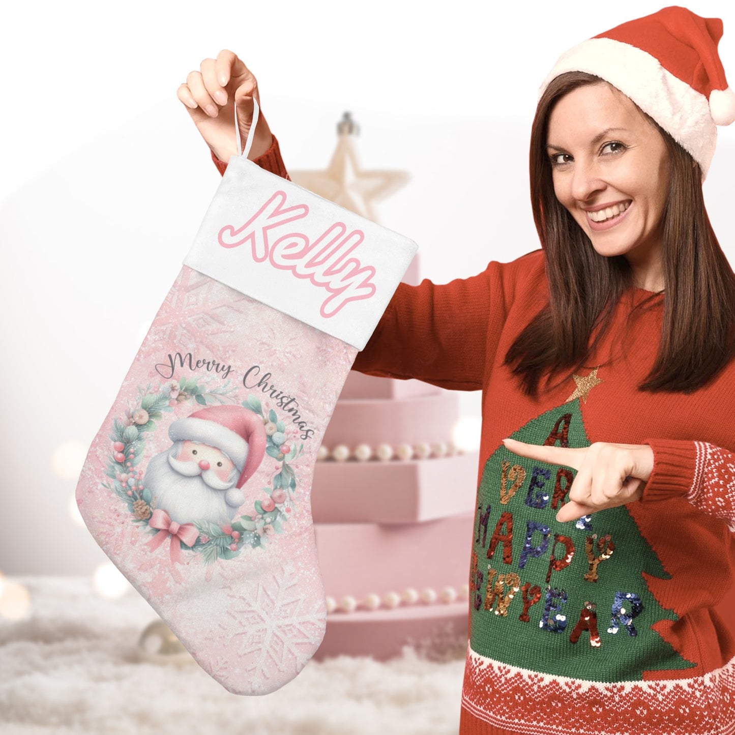 Pink Santa Claus Christmas Stocking Custom Name Santa Socks Gift