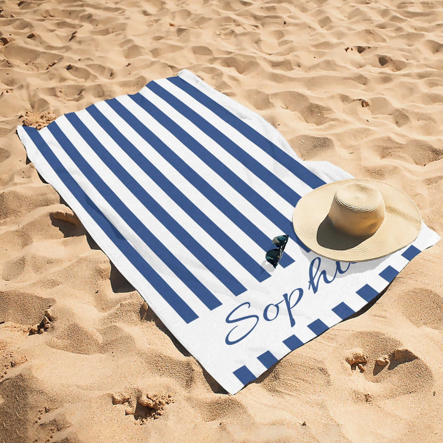 Navy Blue Stripe Beach Towel Custom Cotton/Poly Blend Pool Towel - Blue - Personalize with Your Name - Standard Size