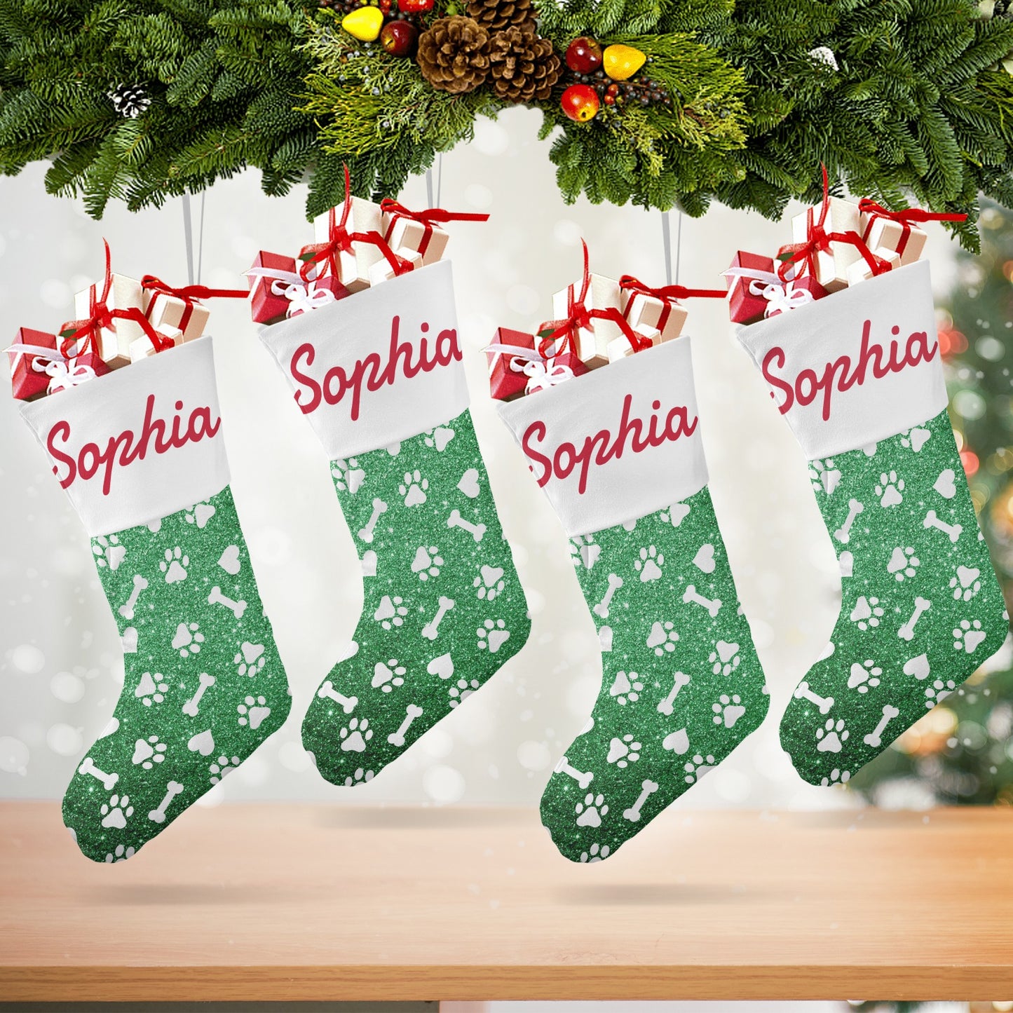 Dog Claw Green Christmas Stocking Custom Name Santa Socks Gift