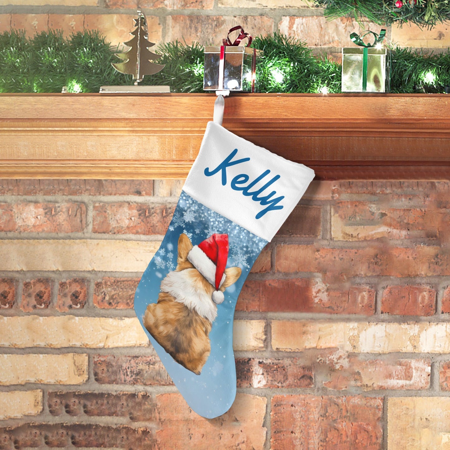 Dog Sky Blue Christmas Hat Christmas Stocking Custom Name Santa Socks Gift