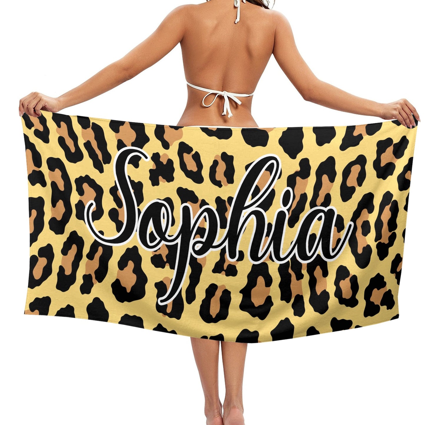 Leopard Print Yellow Beach Towel Custom Cotton/Poly Blend Pool Towel - Blue - Personalize with Your Name - Standard Size