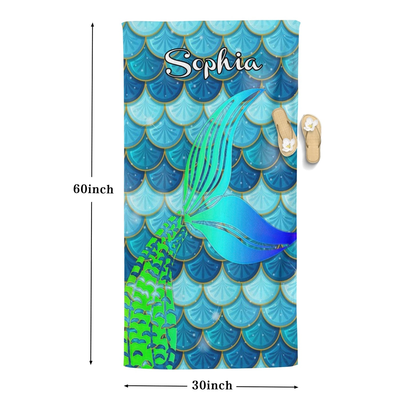 Mermaid Blue Beach Towel Custom Cotton/Poly Blend Pool Towel - Blue - Personalize with Your Name - Standard Size