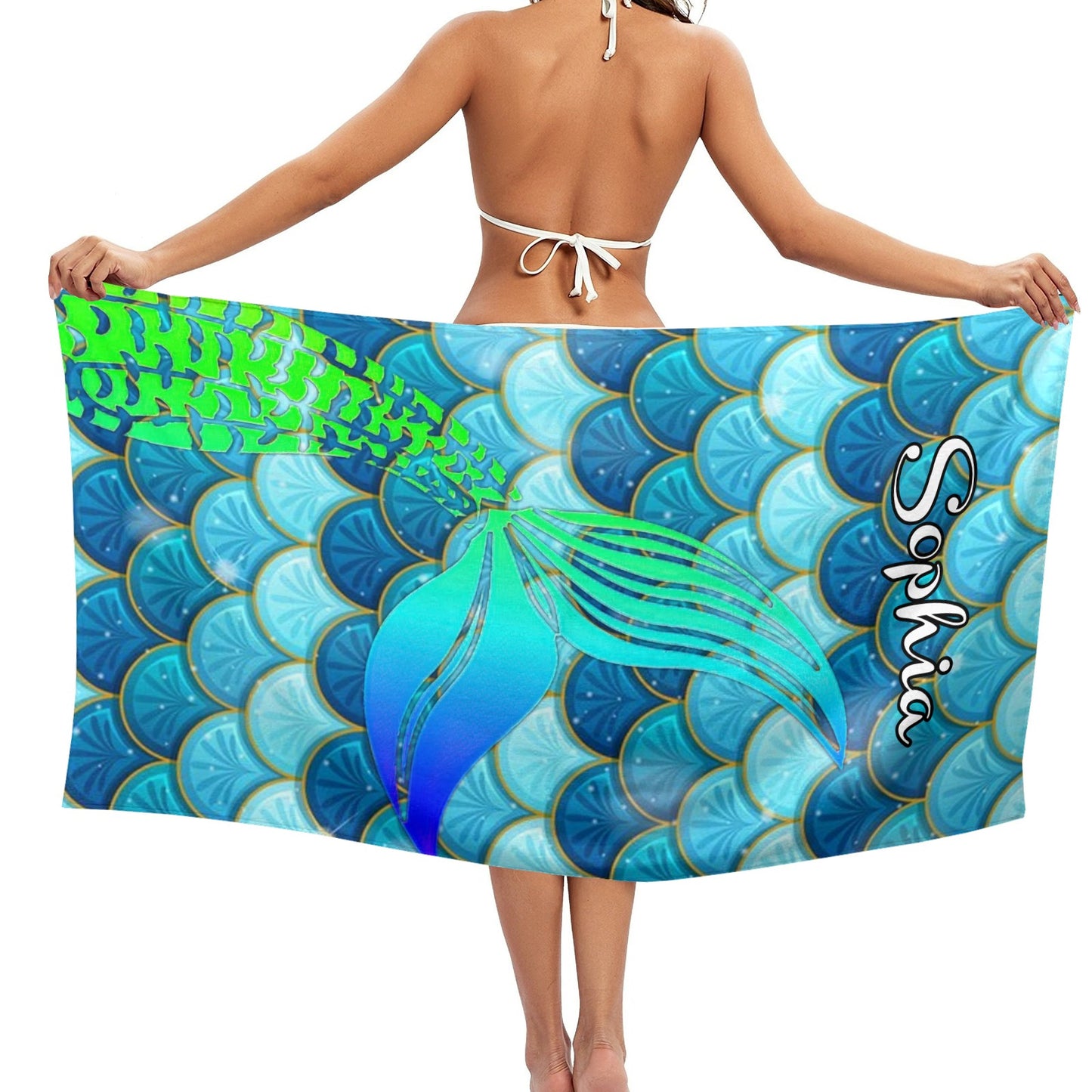Mermaid Blue Beach Towel Custom Cotton/Poly Blend Pool Towel - Blue - Personalize with Your Name - Standard Size