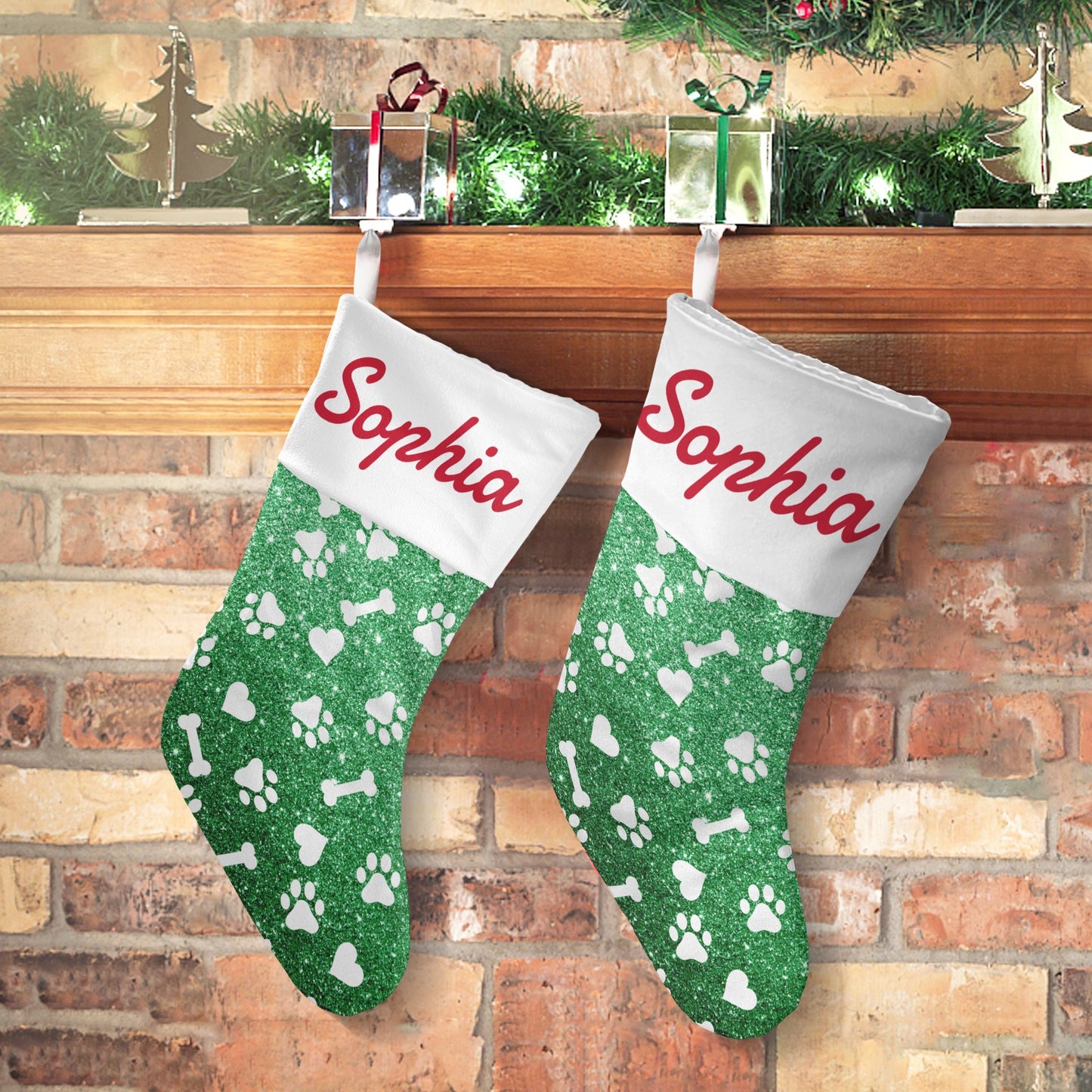 Dog Claw Green Christmas Stocking Custom Name Santa Socks Gift