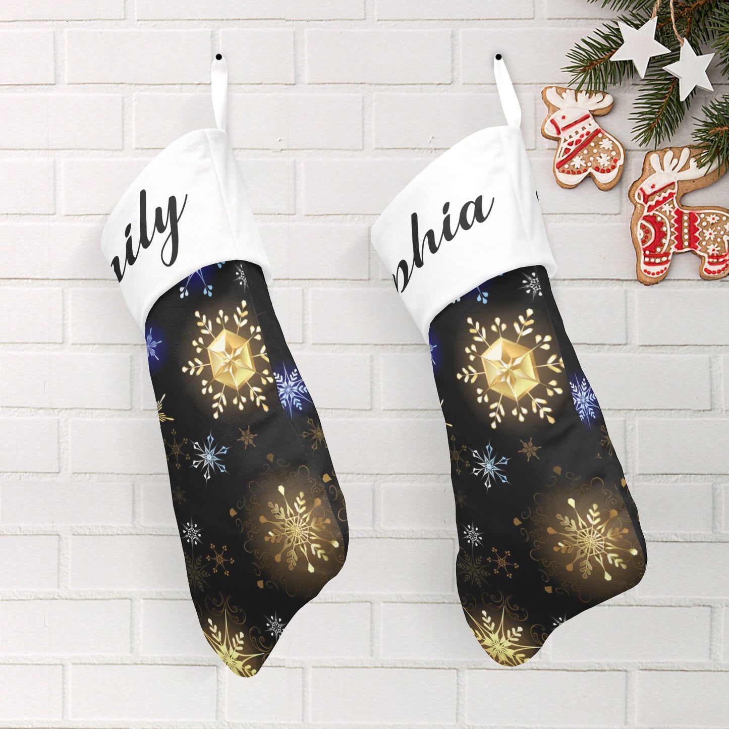 Snowflakes Black Christmas Stocking Custom Name Christmas Socks Gift