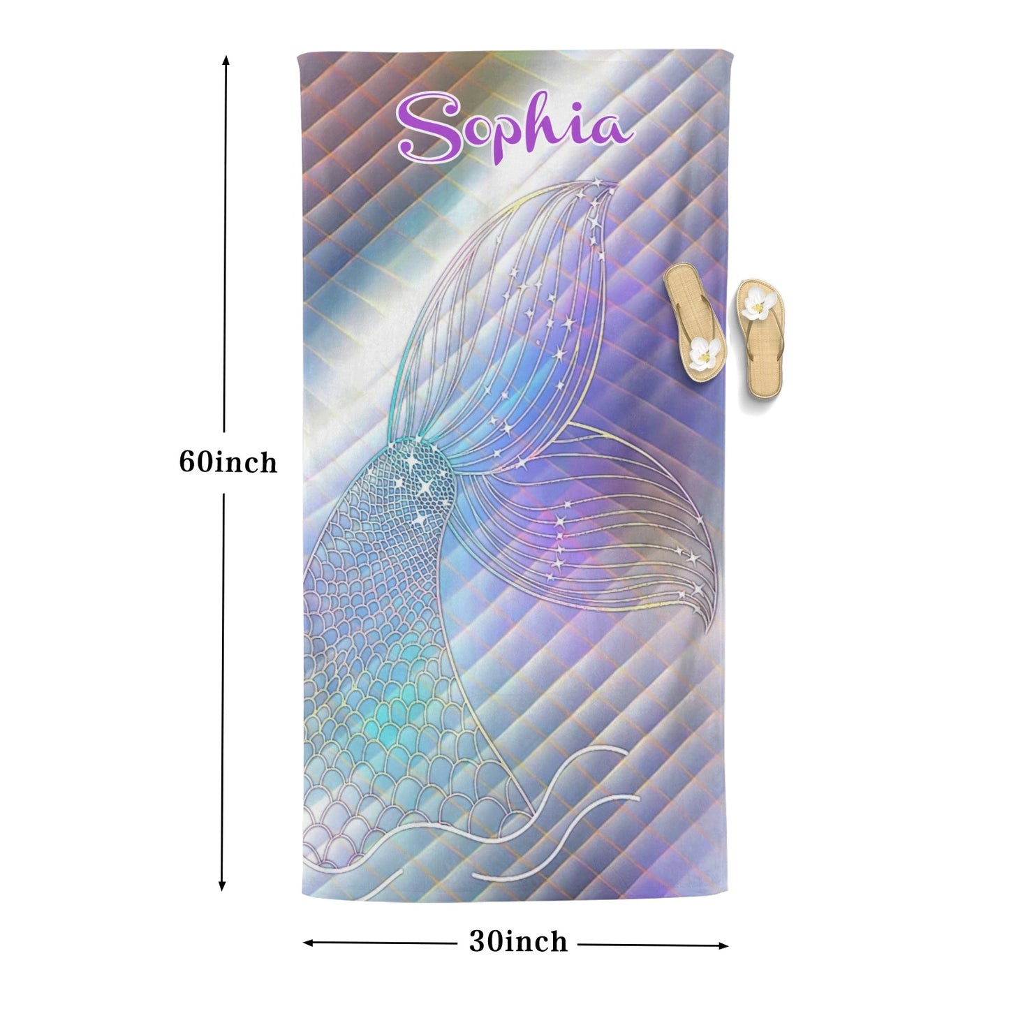 Mermaid Tail Beach Towel Custom Cotton/Poly Blend Pool Towel - Blue - Personalize with Your Name - Standard Size