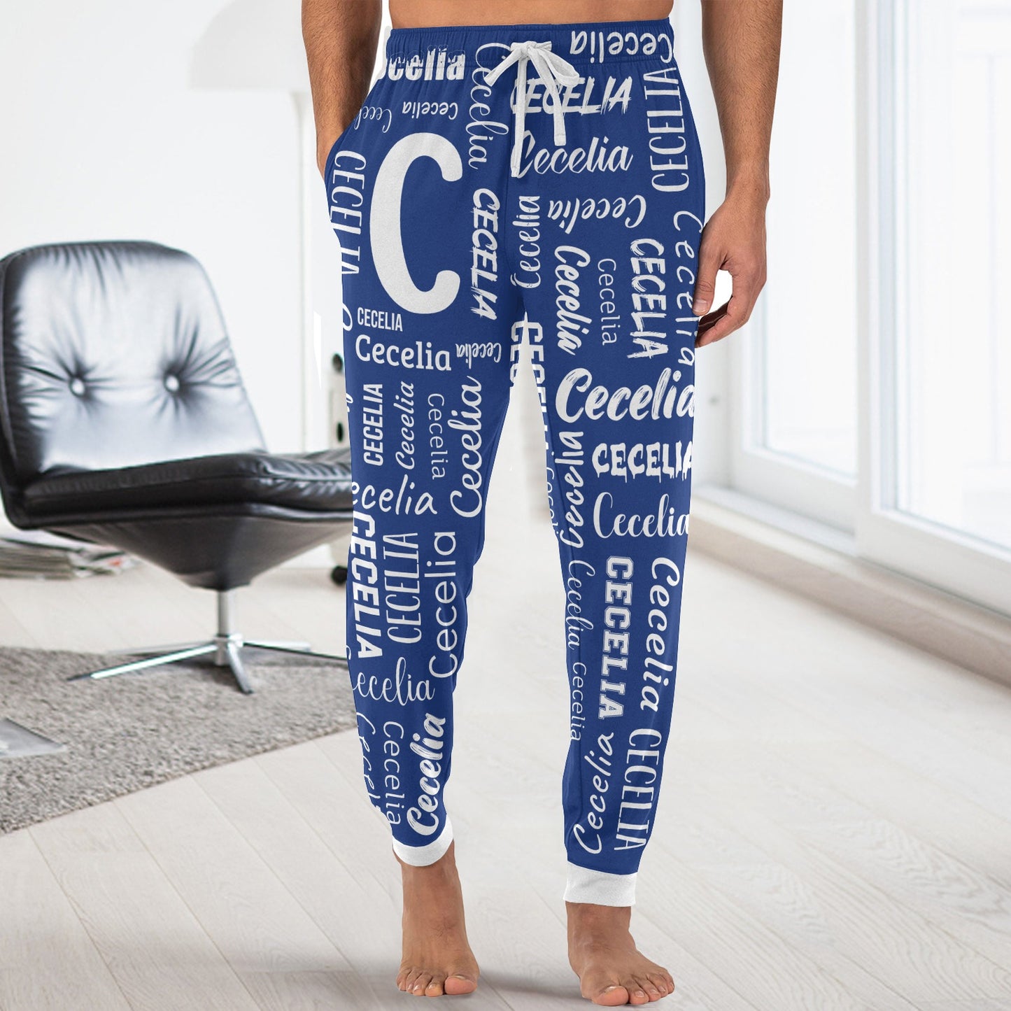 Monogram Blue Men S Pajama Pants Personalized Funny Sleepwear Pants Customized Pj Trousers Gifts for Him