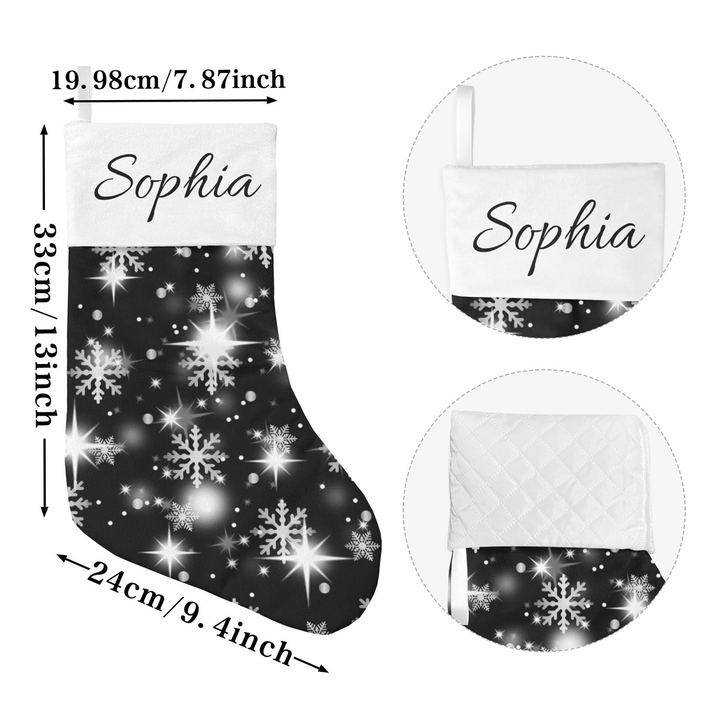 Snow flake black Christmas Stocking Custom Name Santa Socks Gift