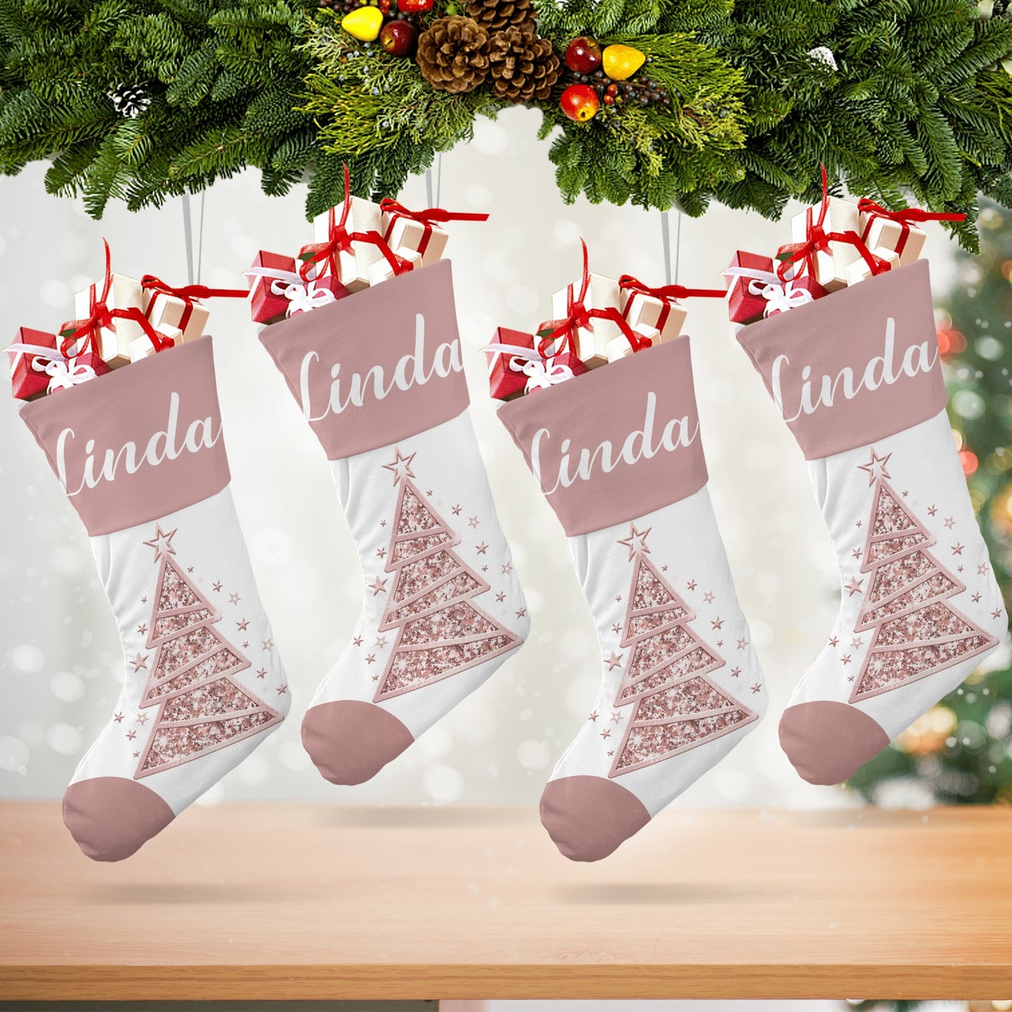 Christmas Tree Rose Gold Christmas Stocking Custom Name Christmas Socks Gift